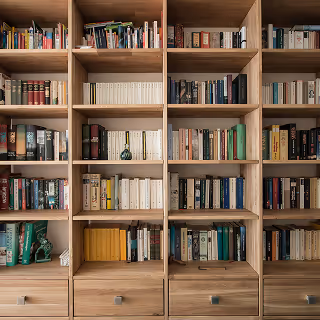 Large wooden bookshelf filled with neatly arranged books of different sizes and colors.