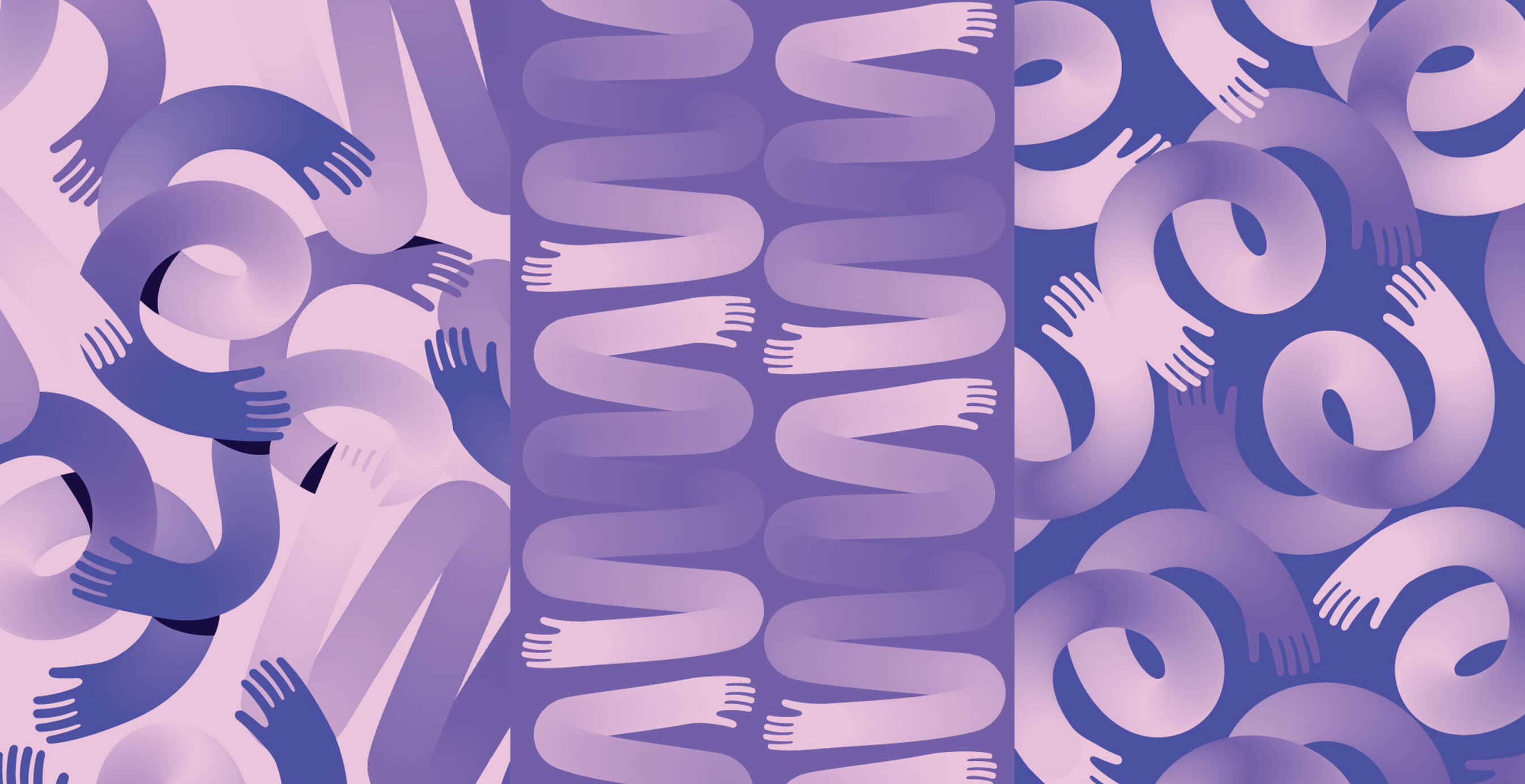 Illustrated pattern in purple and pink shades featuring abstract hand and arm shapes forming loops and repeating motifs.