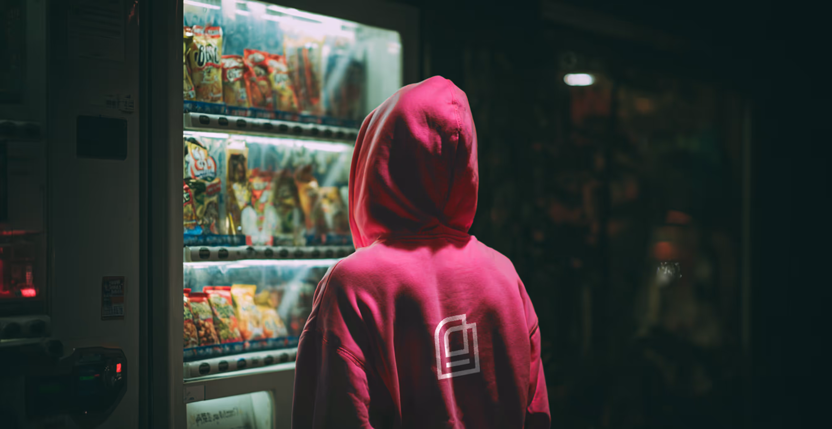 Person in a bright pink hoodie with Automatenland logo on the back, standing in front of a brightly lit vending machine at night.