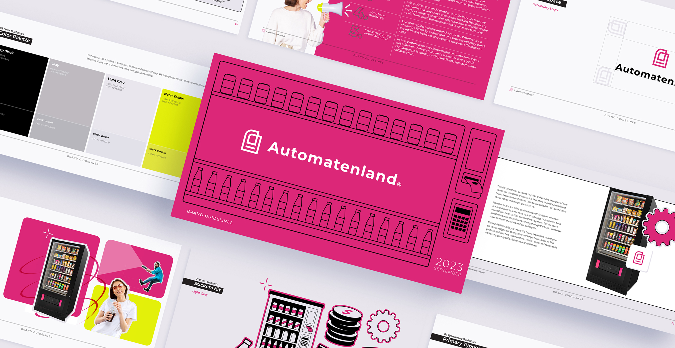 Flat lay of Automatenland’s brand guidelines booklet featuring the pink logo, vending machine graphics, color palette, and typography specifications.