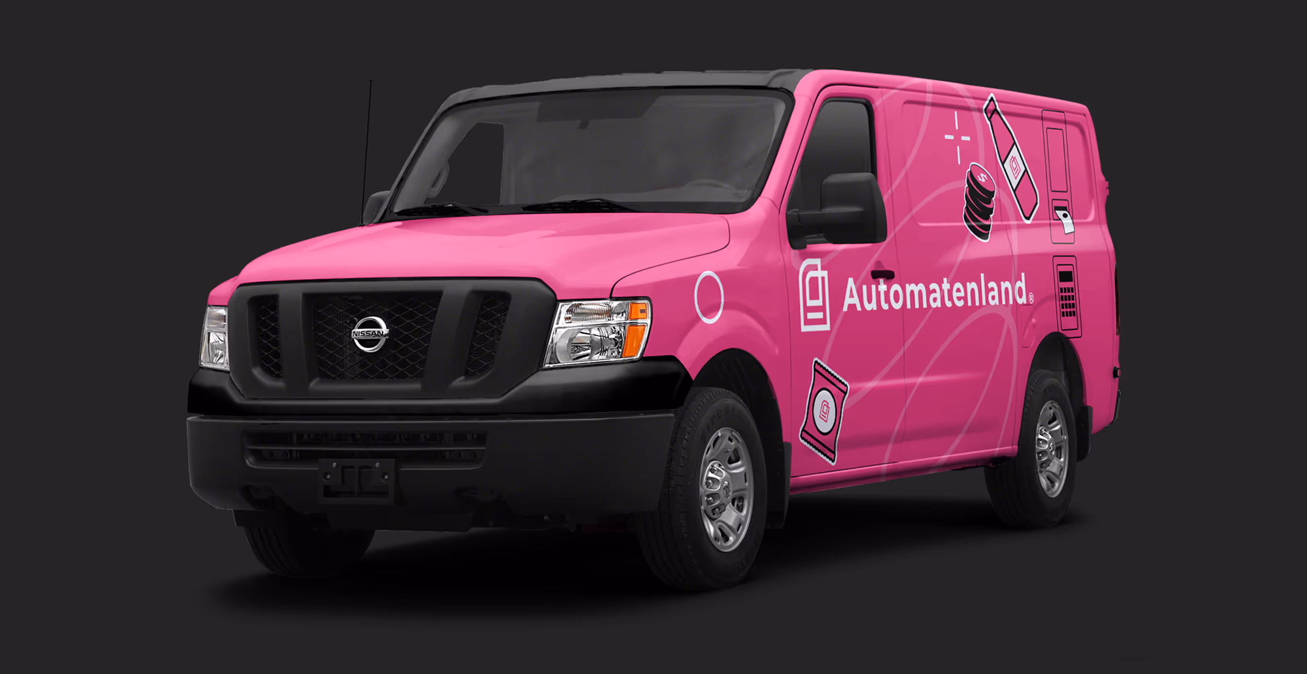 Pink branded Automatenland van with vending machine graphics and company logo on the side, set against a dark background.