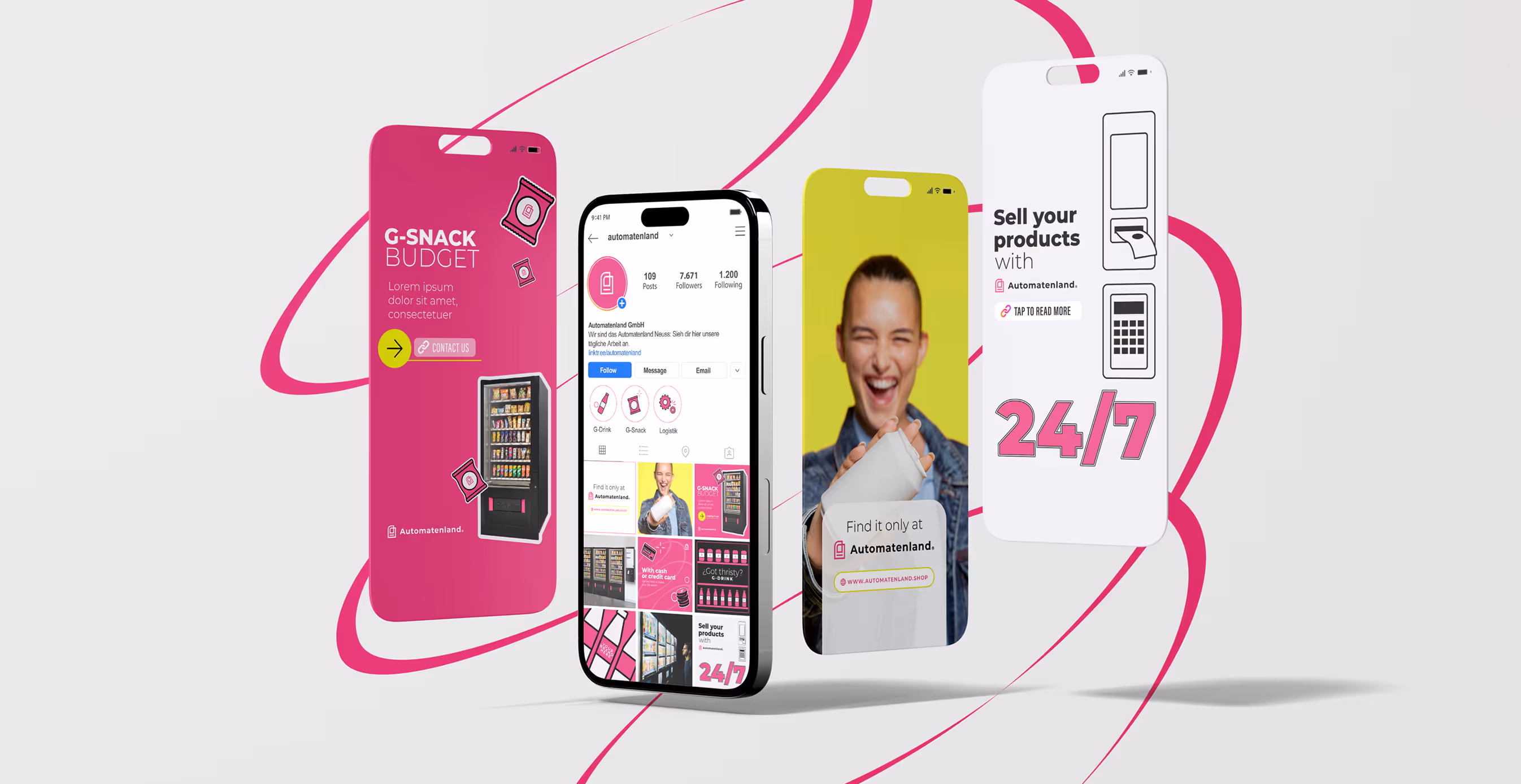 Floating smartphone mockups displaying Automatenland Instagram feed and promotional screens with bold pink and yellow branding, including “24/7” tagline.