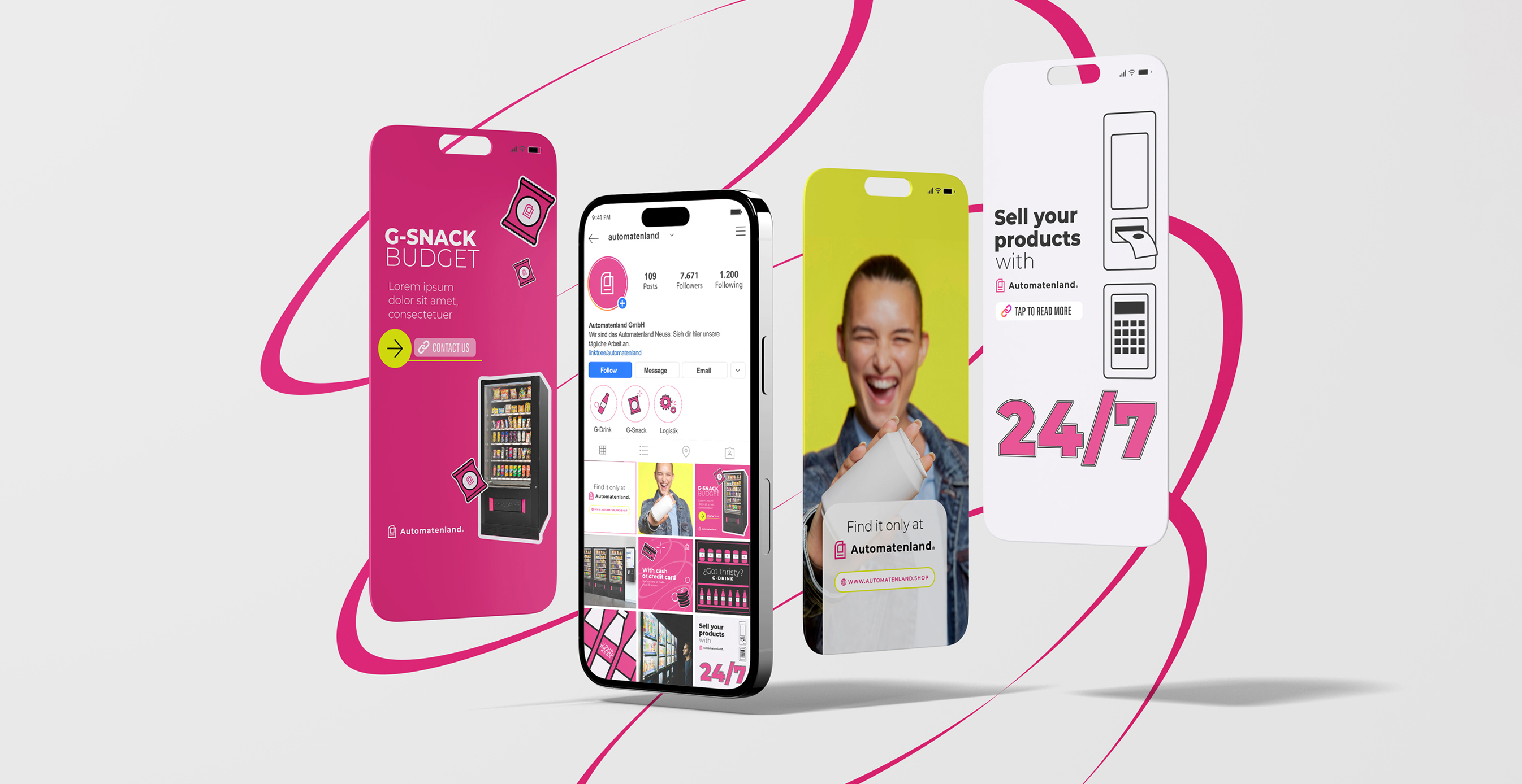Floating smartphone mockups displaying Automatenland Instagram feed and promotional screens with bold pink and yellow branding, including “24/7” tagline.