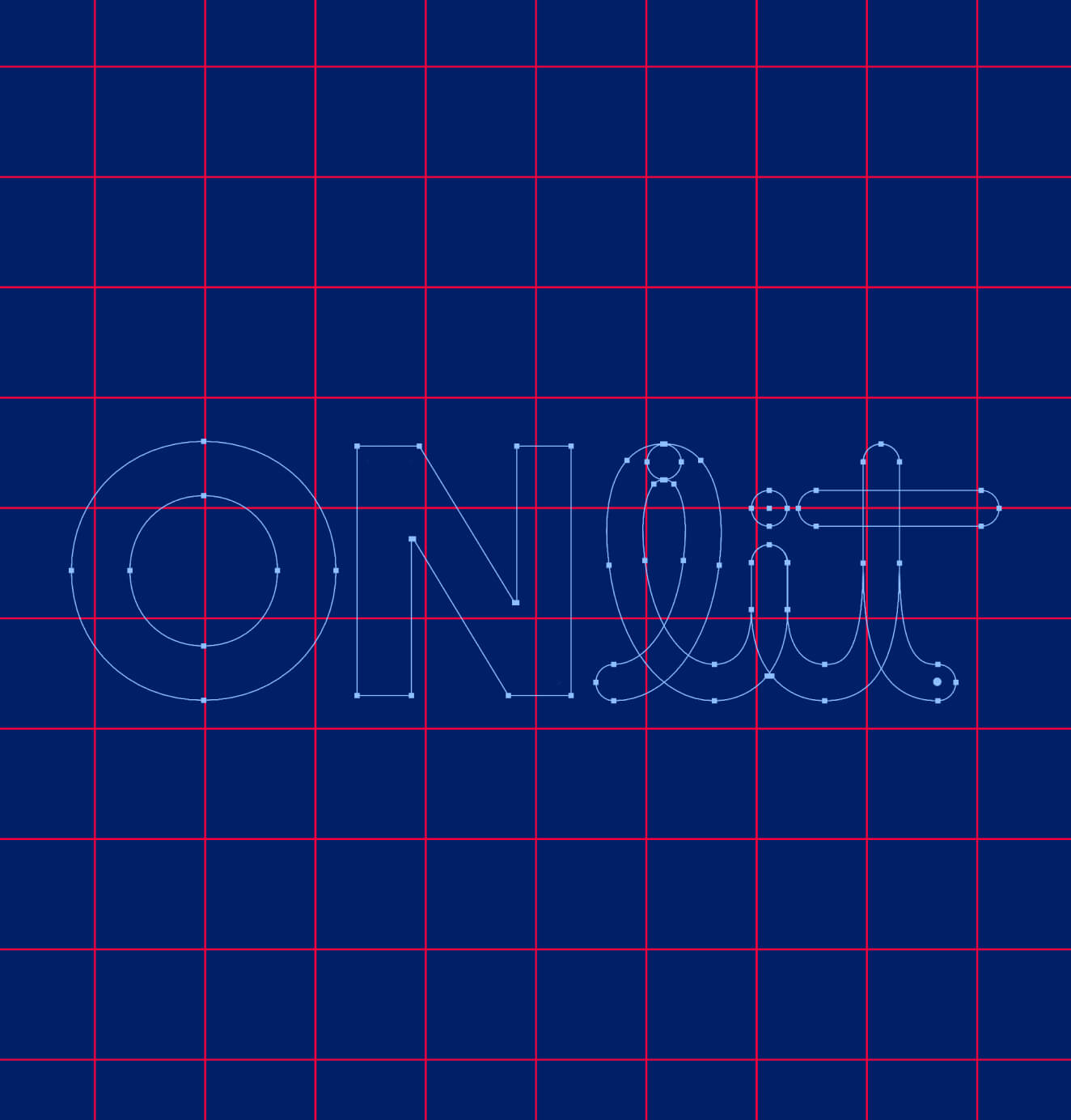 Technical grid design of the ONlit logo in outline form, showing anchor points and curves over a navy and red grid background.