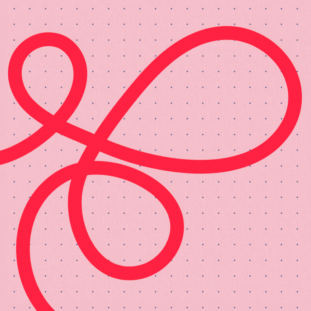 Abstract red looped line on a light pink background with small dotted grid pattern, resembling a playful handwritten flourish.