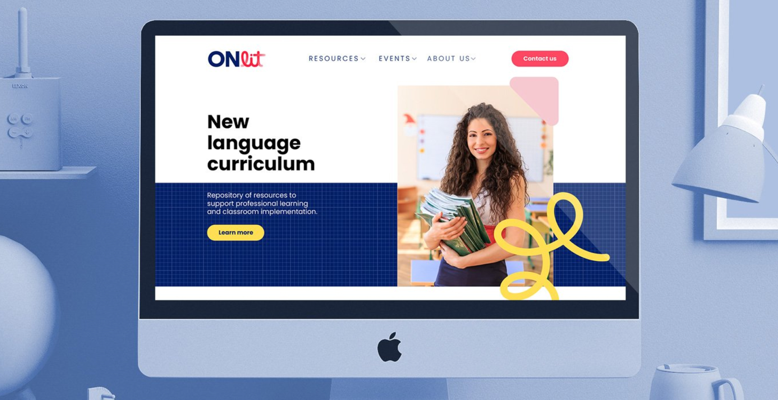 ONlit website mockup on a desktop screen showing “New language curriculum” headline with an image of a smiling teacher holding books, alongside ONlit branding.