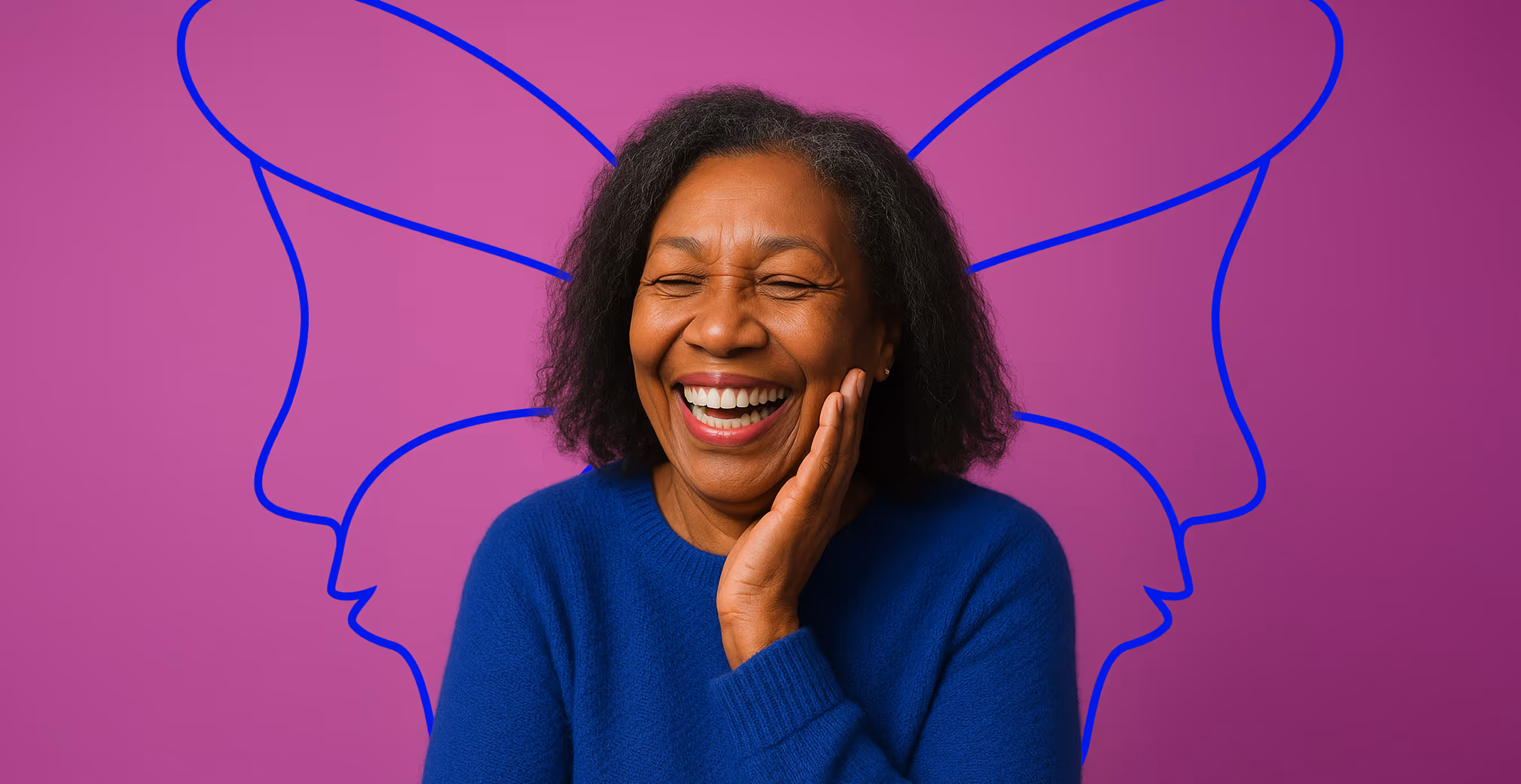 Middle-aged woman laughing joyfully against a magenta background, with a blue butterfly outline behind her.