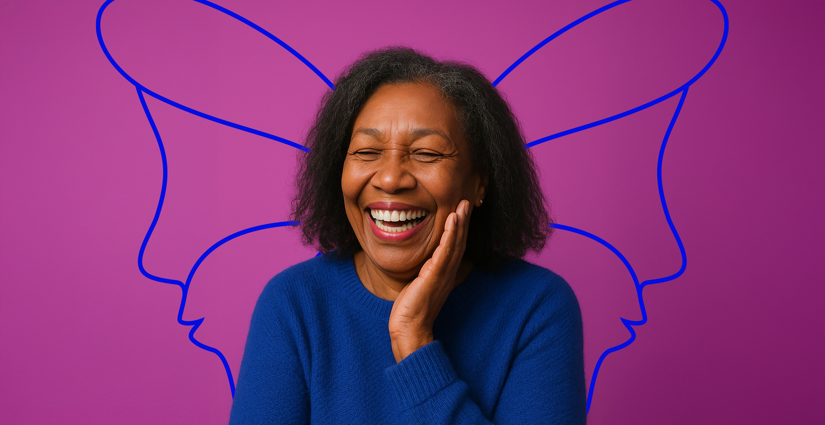 Middle-aged woman laughing joyfully against a magenta background, with a blue butterfly outline behind her.