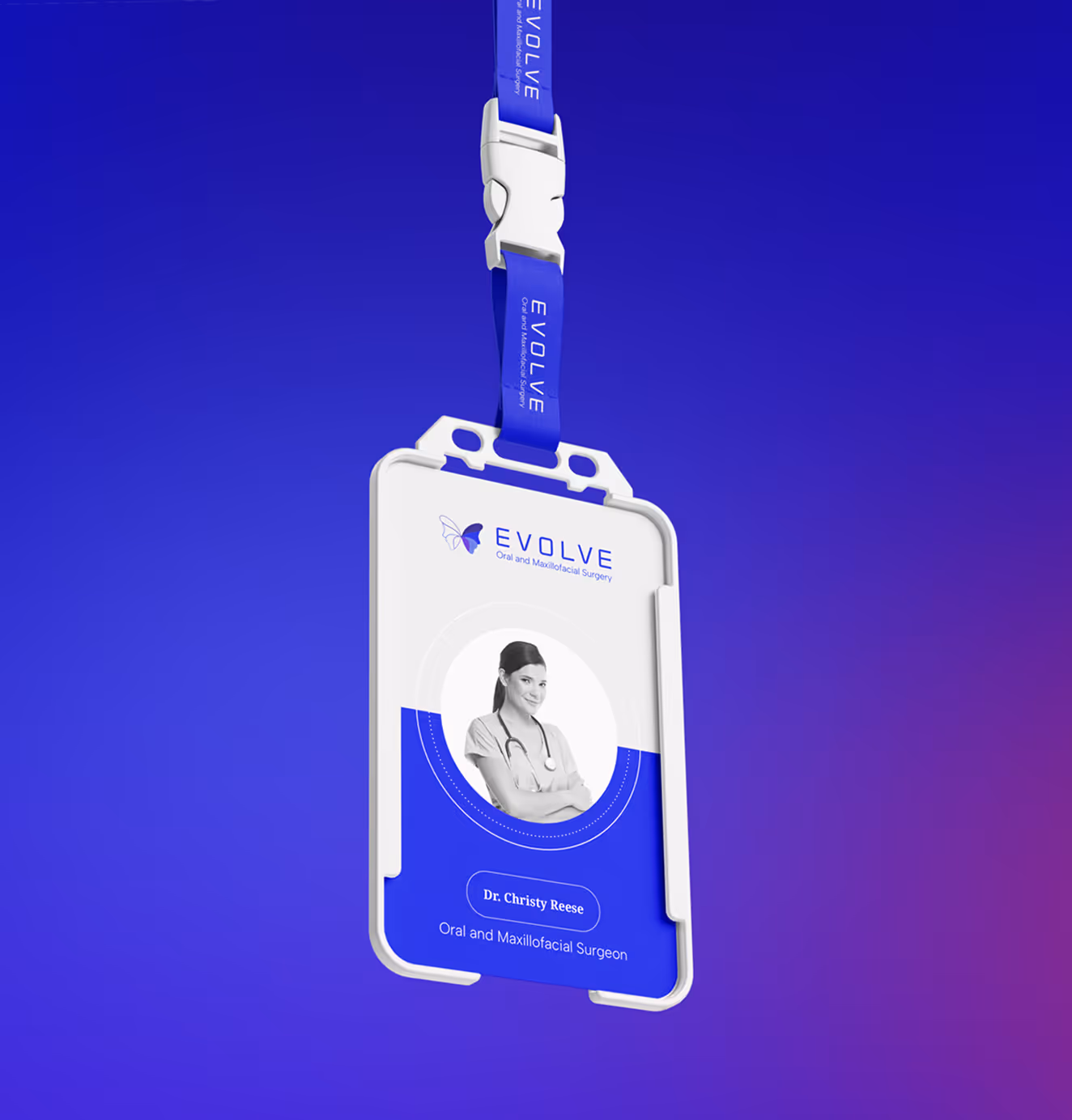 Employee lanyard ID card featuring a photo of a doctor with the Evolve logo and brand colors.