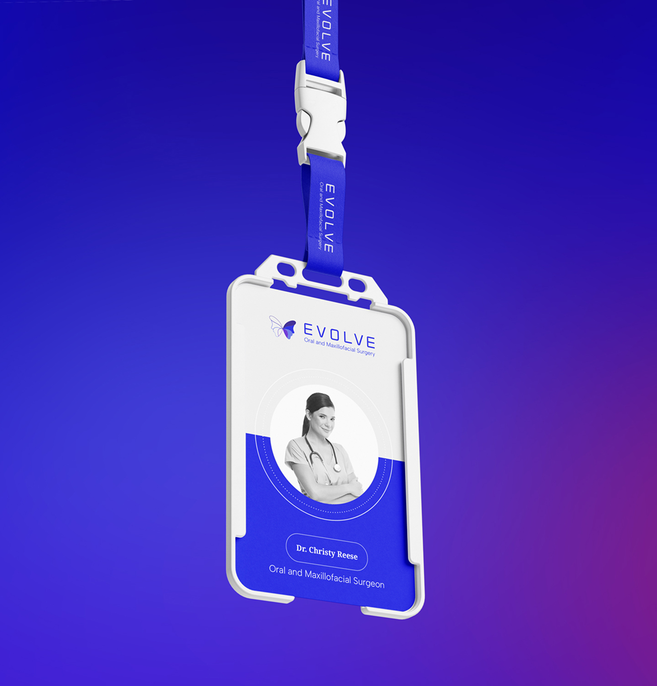Employee lanyard ID card featuring a photo of a doctor with the Evolve logo and brand colors.