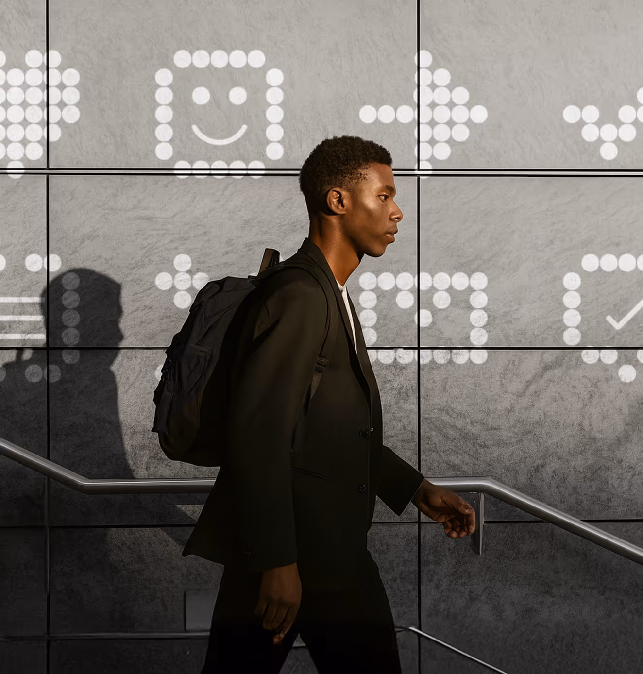 A man with a backpack walks past a wall of large illuminated dot-matrix icons, including a light bulb, heart, and check mark, projected in white light against gray tiles.