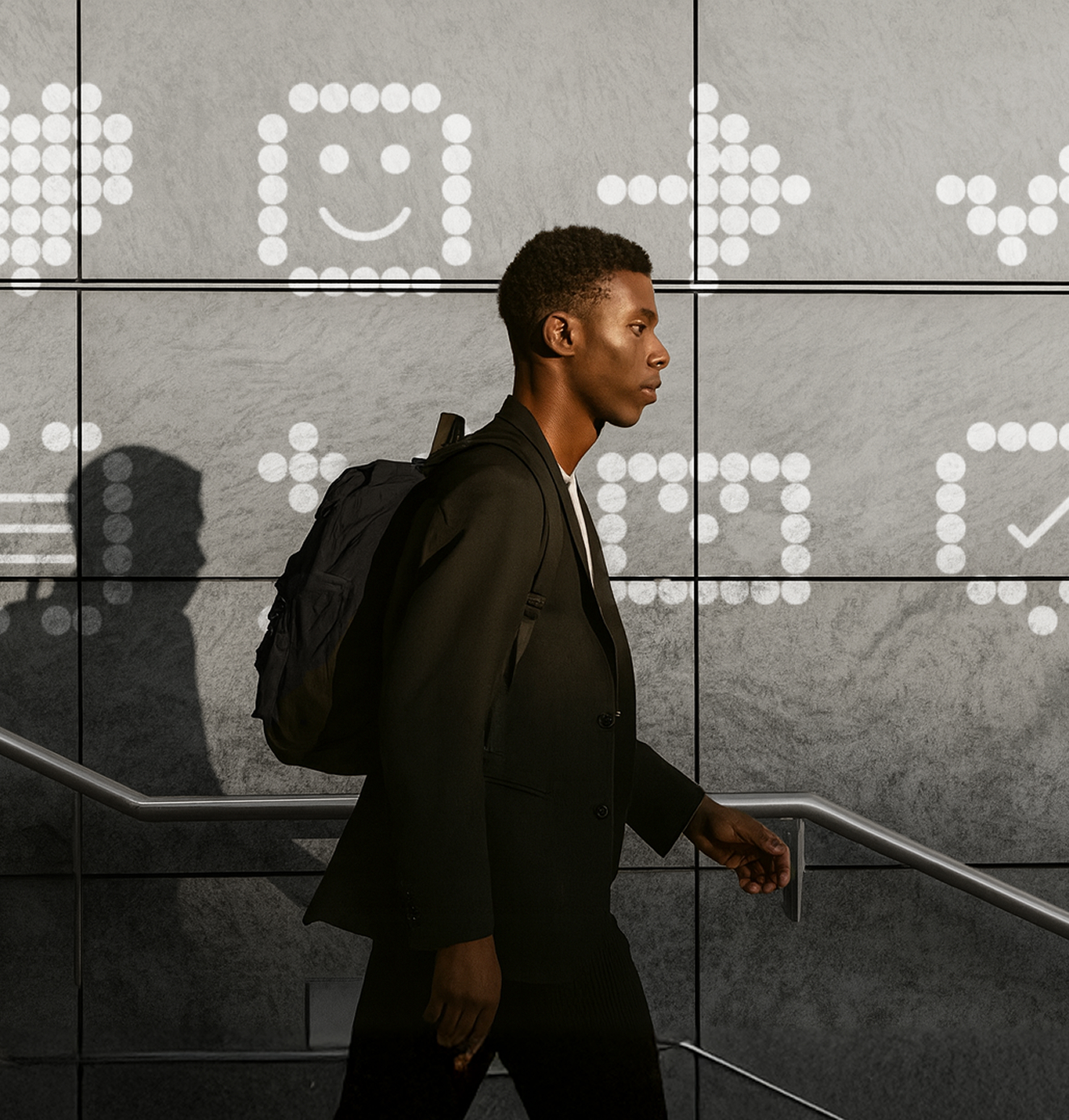 A man with a backpack walks past a wall of large illuminated dot-matrix icons, including a light bulb, heart, and check mark, projected in white light against gray tiles.