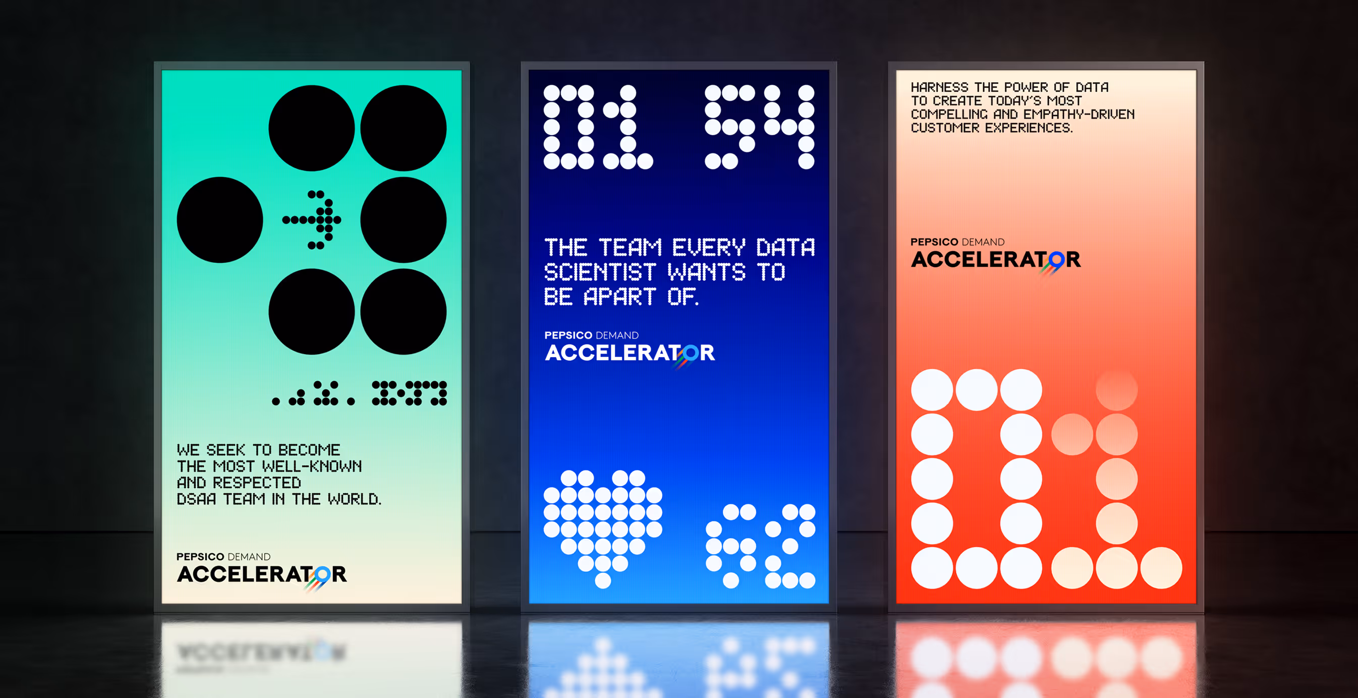 Three illuminated digital posters for Pepsico Demand Accelerator. Posters feature gradient backgrounds with bold dot-matrix numbers, icons, and messages such as “The team every data scientist wants to be a part of.”