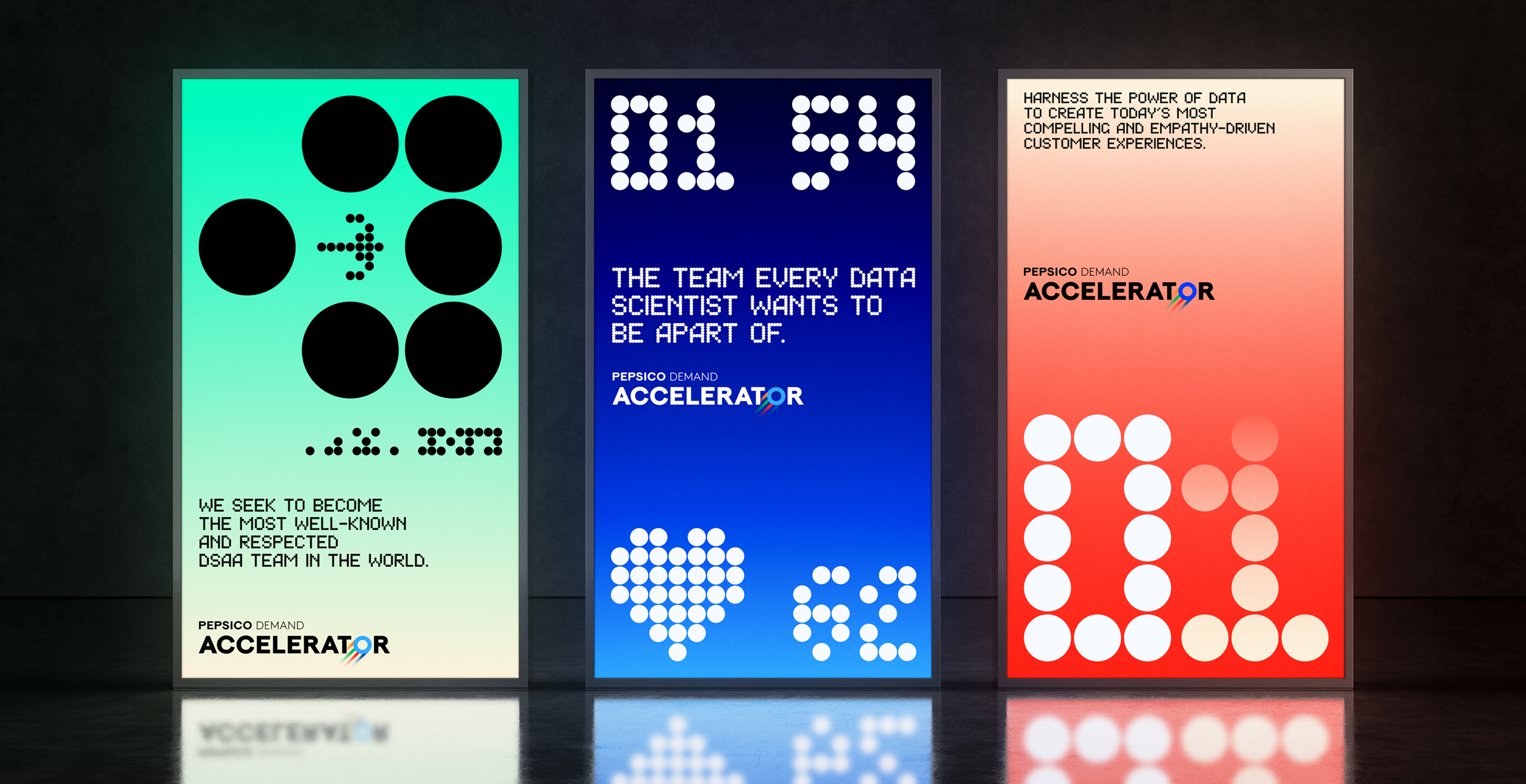 Three illuminated digital posters for Pepsico Demand Accelerator. Posters feature gradient backgrounds with bold dot-matrix numbers, icons, and messages such as “The team every data scientist wants to be a part of.”