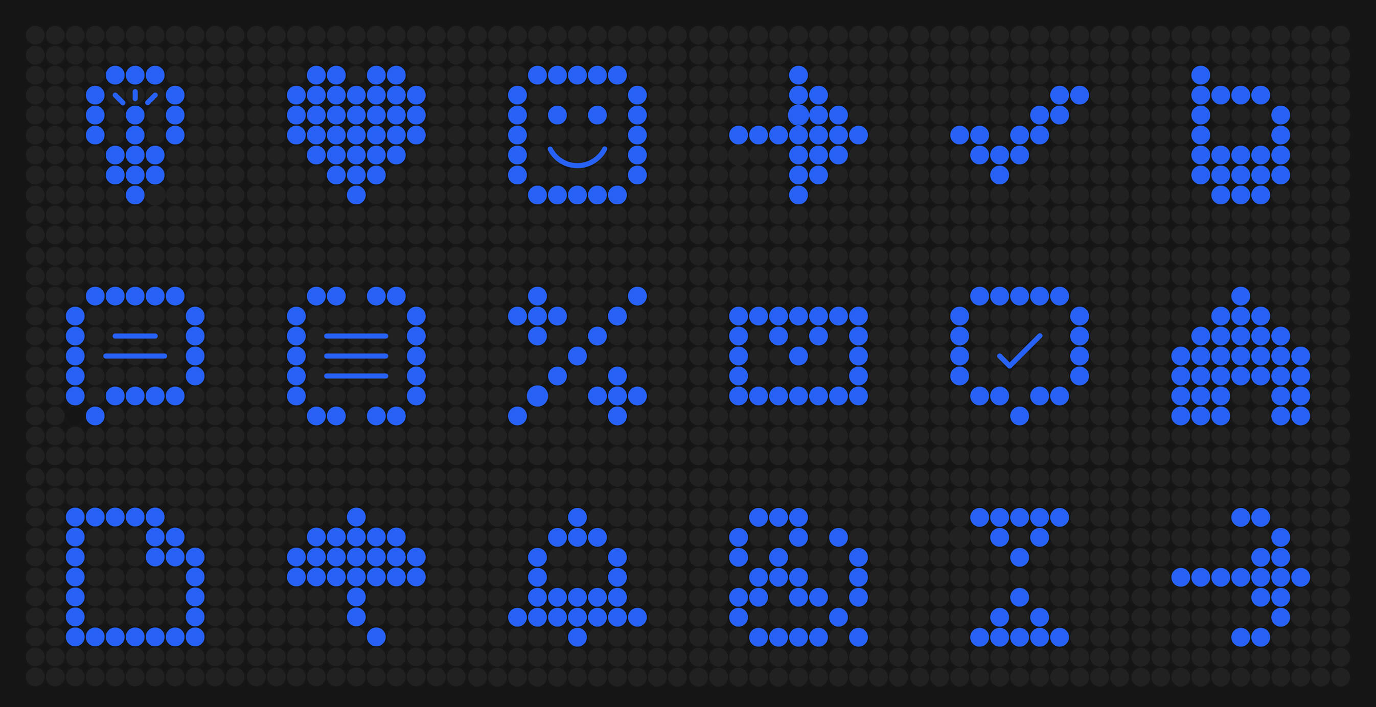A digital grid of glowing blue dot-matrix icons on a dark background, including symbols like a light bulb, heart, smiley face, check mark, chat bubbles, bell, and arrow.