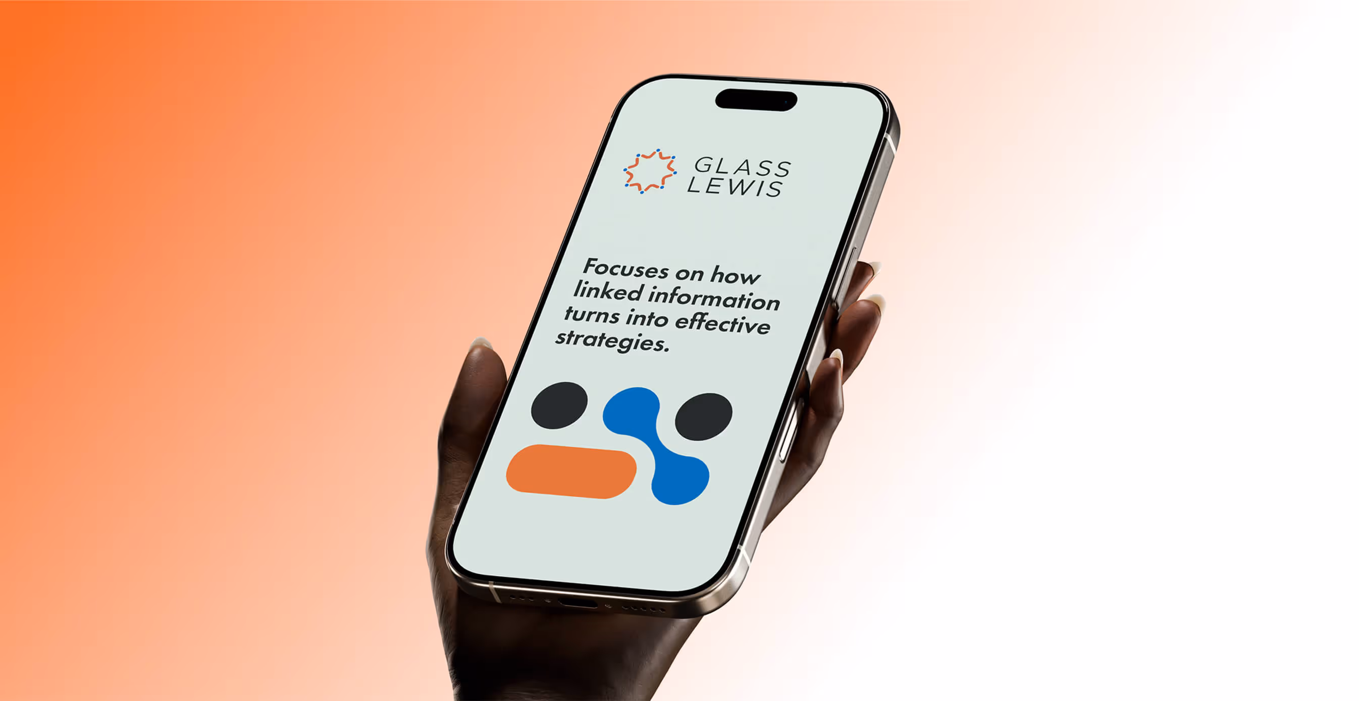 A hand holds a smartphone displaying the Glass Lewis logo with the text ‘Focuses on how linked information turns into effective strategies,’ against an orange gradient background.