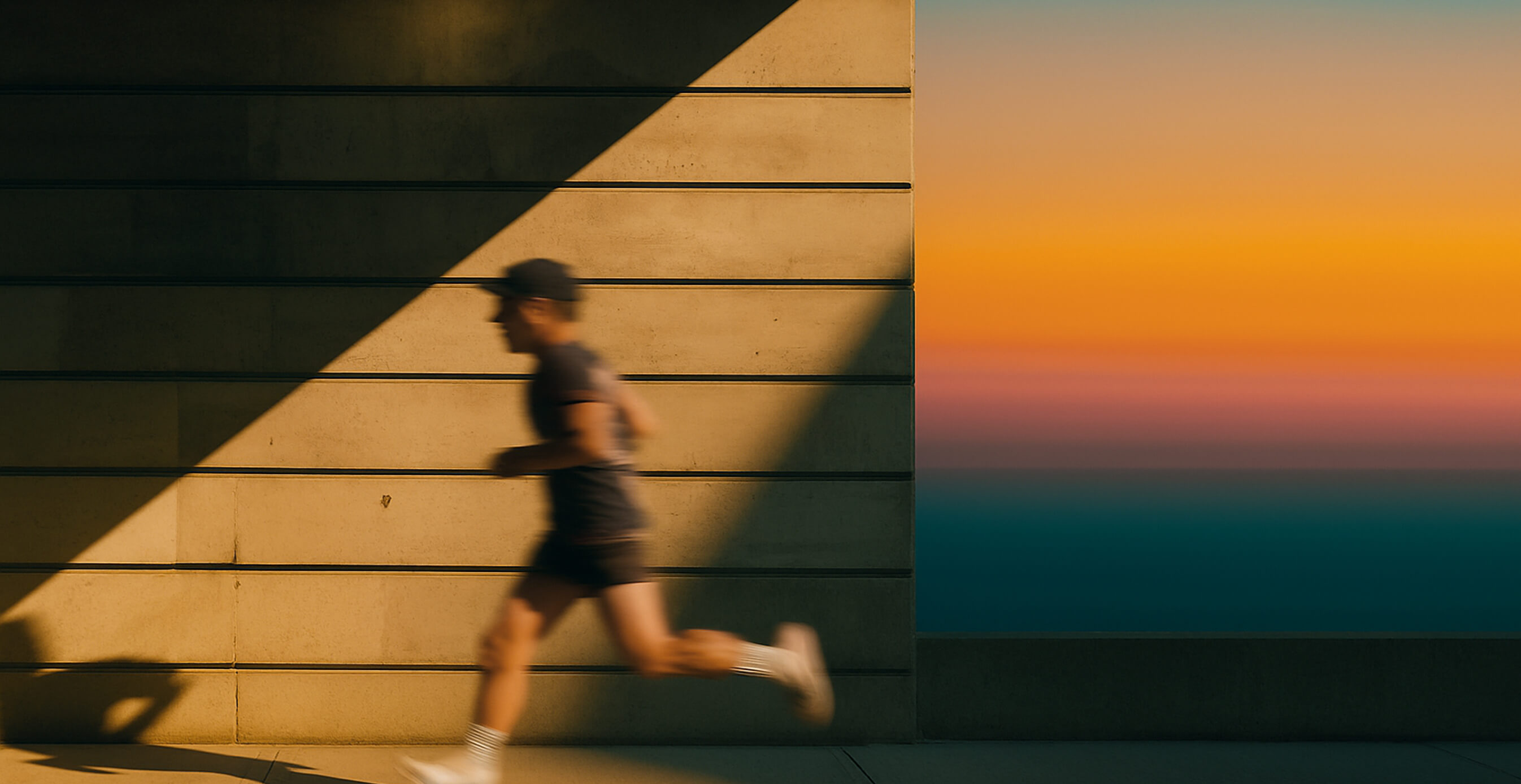 Blurred motion shot of a runner passing a concrete wall at sunset, with vibrant orange, pink, and blue gradient sky in the background.