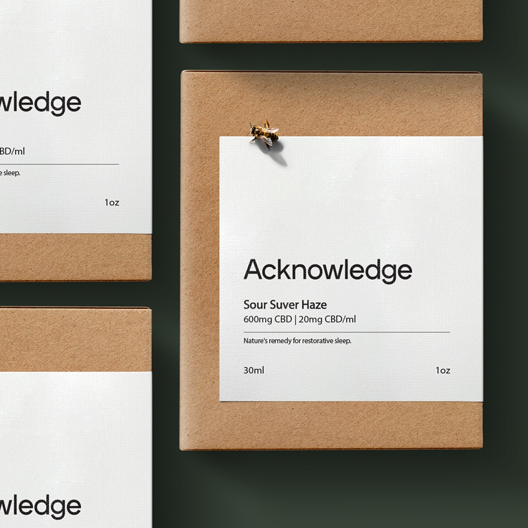 Minimalist kraft paper packaging for Acknowledge Sour Suver Haze CBD, featuring clean white labels and simple typography.