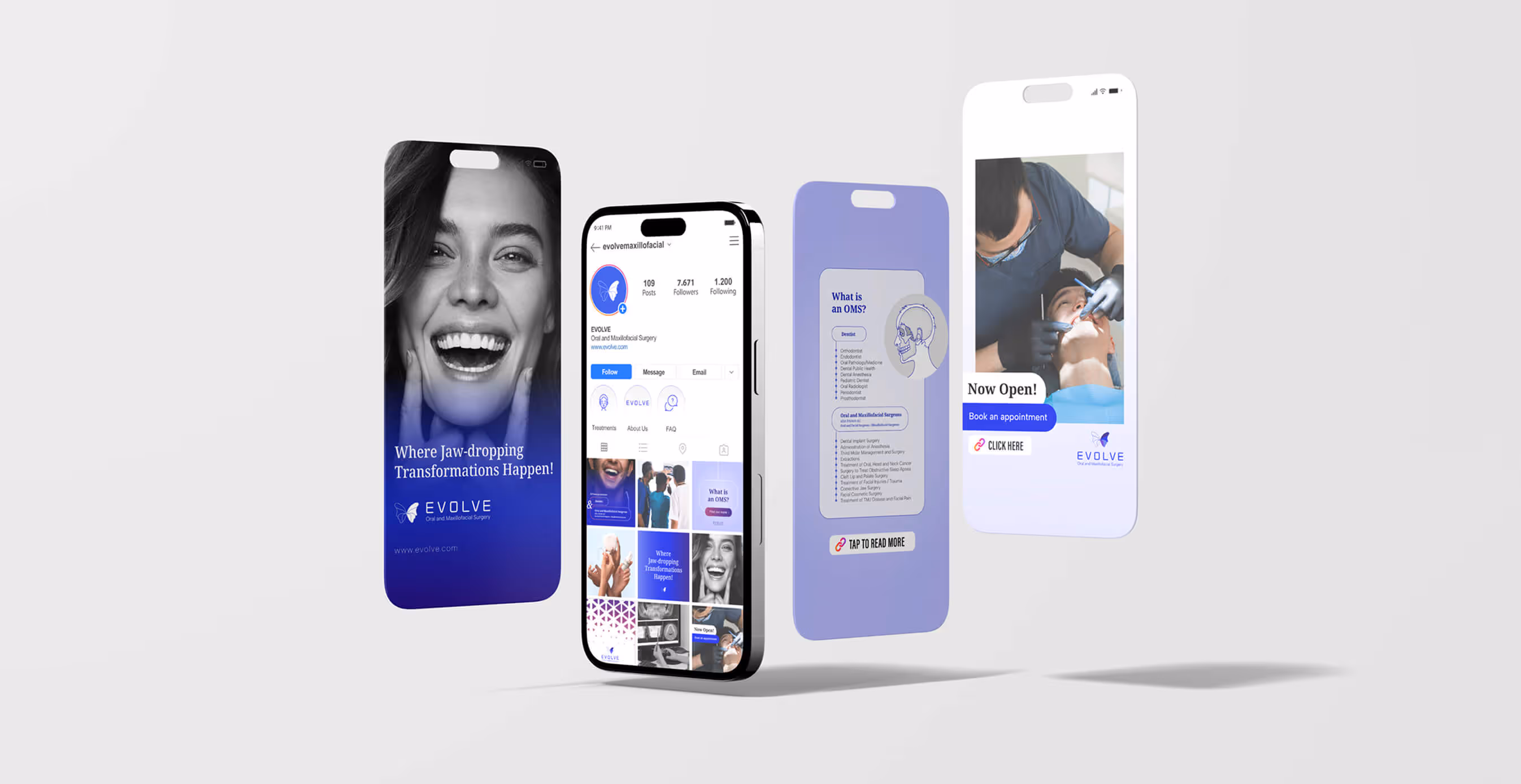 A digital mockup displays four smartphone screens showcasing Evolve Oral and Maxillofacial Surgery’s branding. The screens feature a smiling woman, an Instagram profile, an educational post about OMS, and a promotional ad for booking appointments.