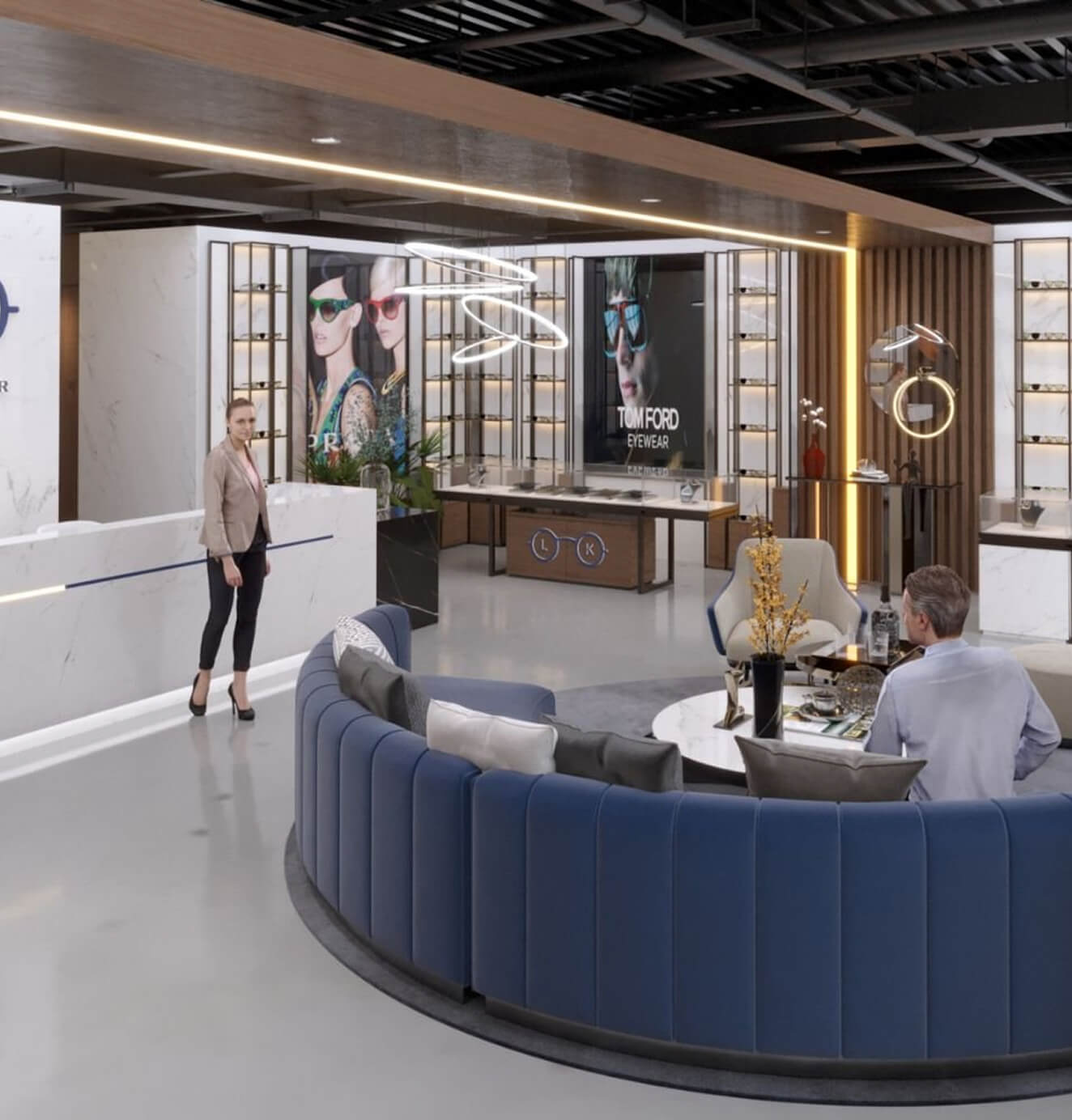 Look Optometry clinic interior with modern reception, boutique-style seating, eyewear displays, and luxury design details.