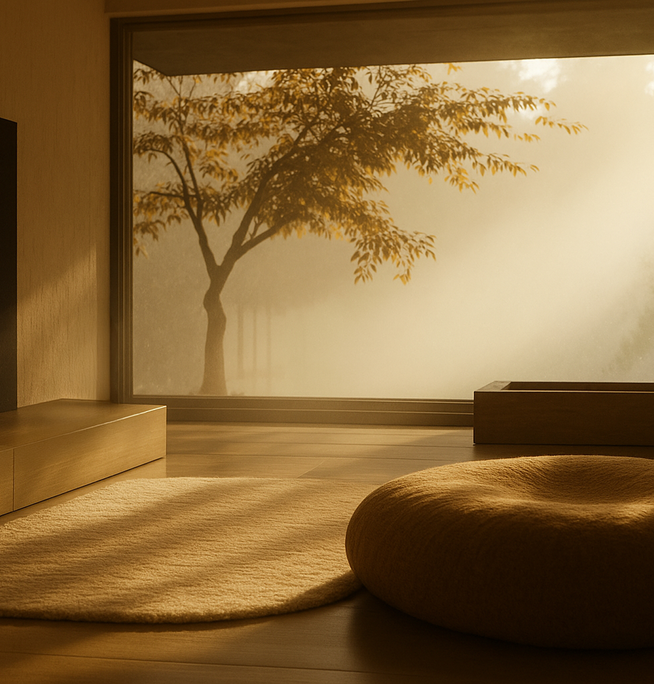 Warm-toned interior with a circular cushion and rug, framed by a large window showcasing a glowing tree in soft morning light.