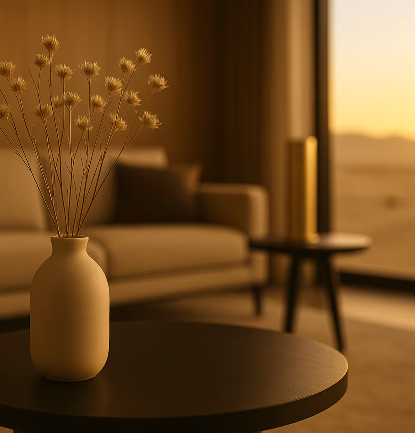 Minimalist living room at sunset featuring a beige sofa and a simple vase with dried flowers on a round coffee table.