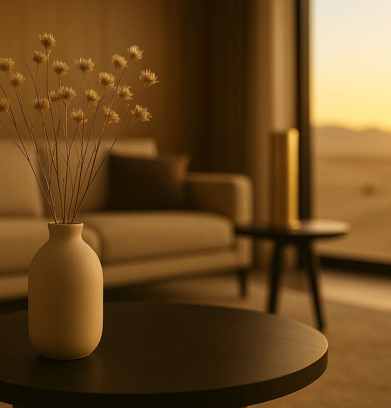 Minimalist living room at sunset featuring a beige sofa and a simple vase with dried flowers on a round coffee table.