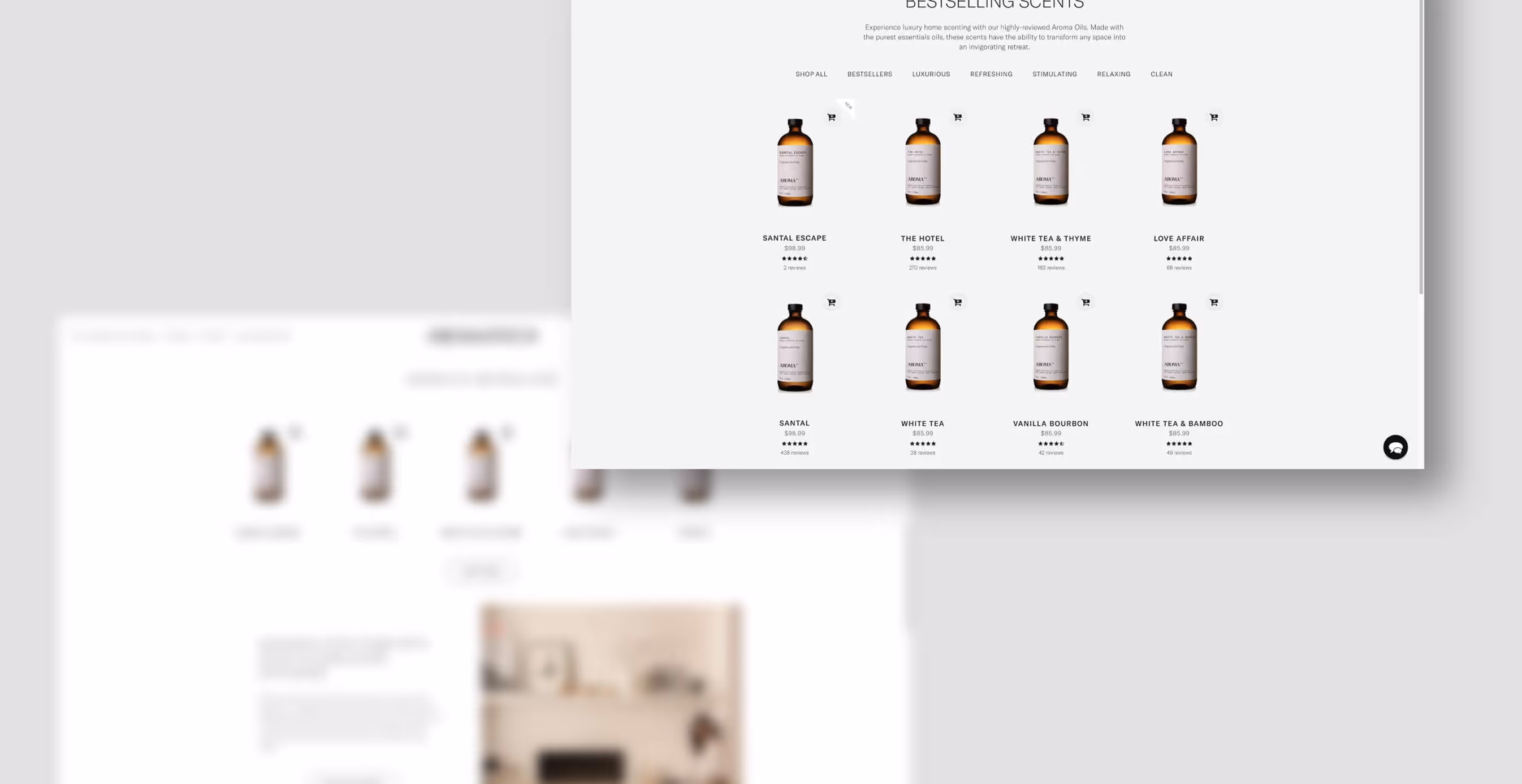 Aromatech e-commerce website displaying bestselling essential oil blends with product details and reviews.