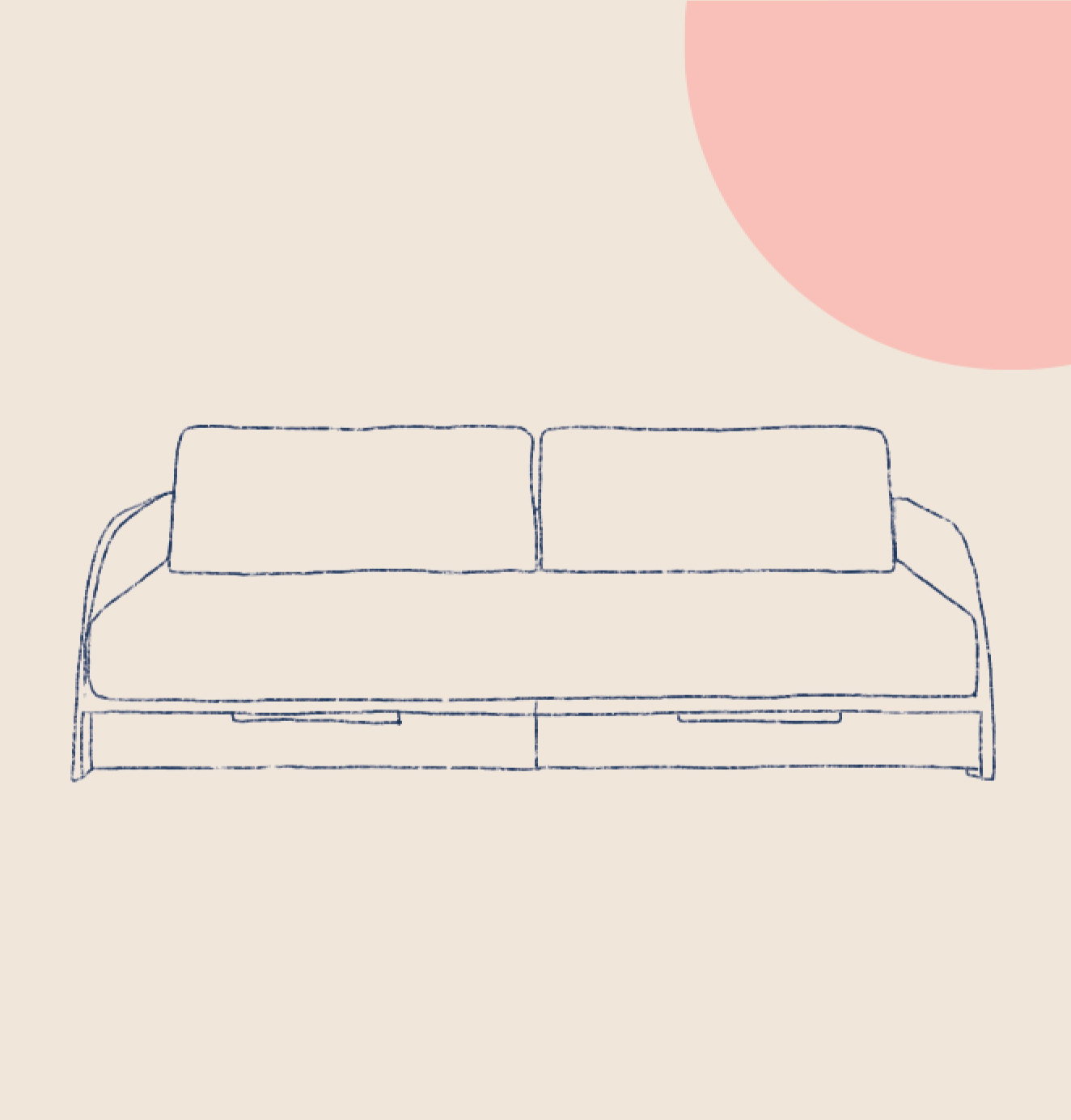 A simple line drawing of a modular kids’ sofa with two cushions, set against a beige background with a pink circle.