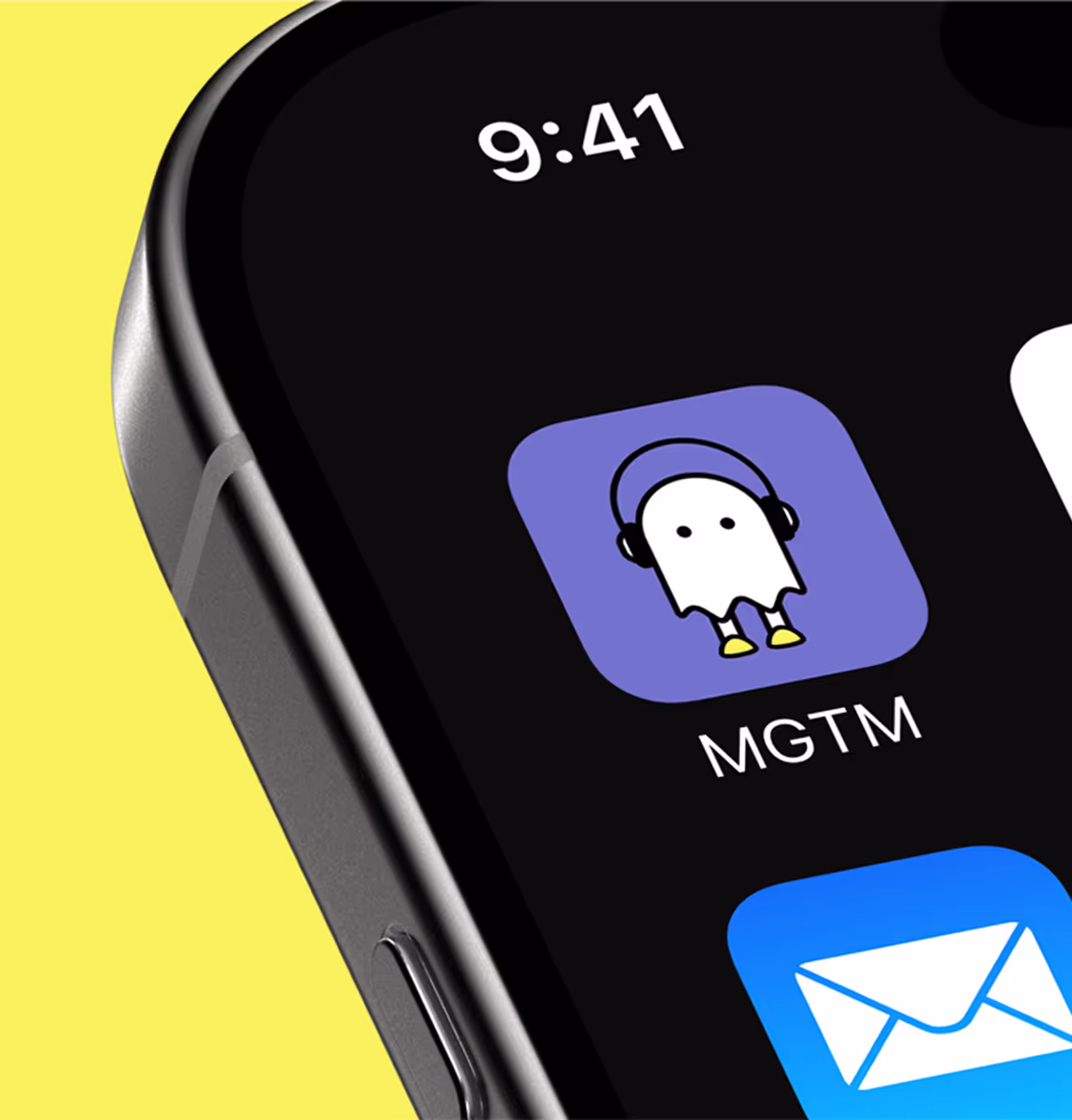 A smartphone screen close-up with the MTGM podcast app icon featuring a cartoon ghost wearing headphones on a purple background.