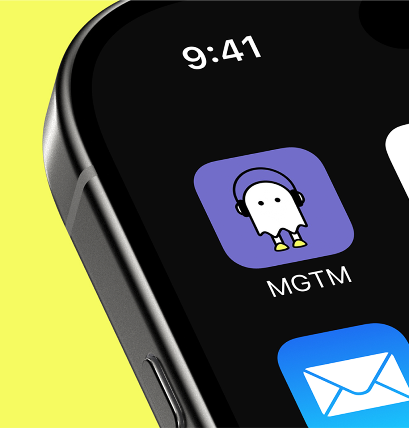 A smartphone screen close-up with the MTGM podcast app icon featuring a cartoon ghost wearing headphones on a purple background.
