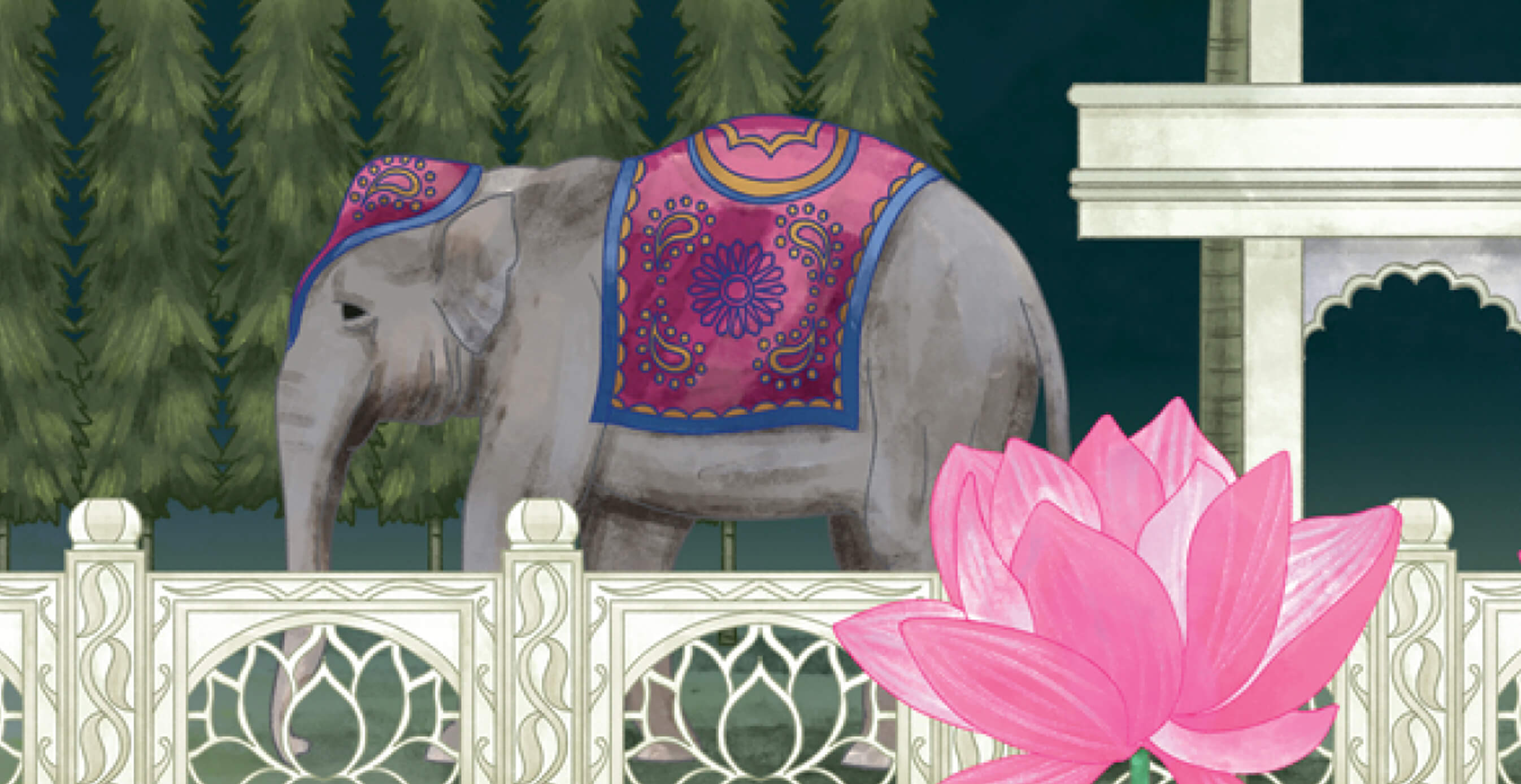 Hand-drawn illustration of an elephant draped in a colorful cloth with a pink lotus flower in the foreground and ornate fencing behind.