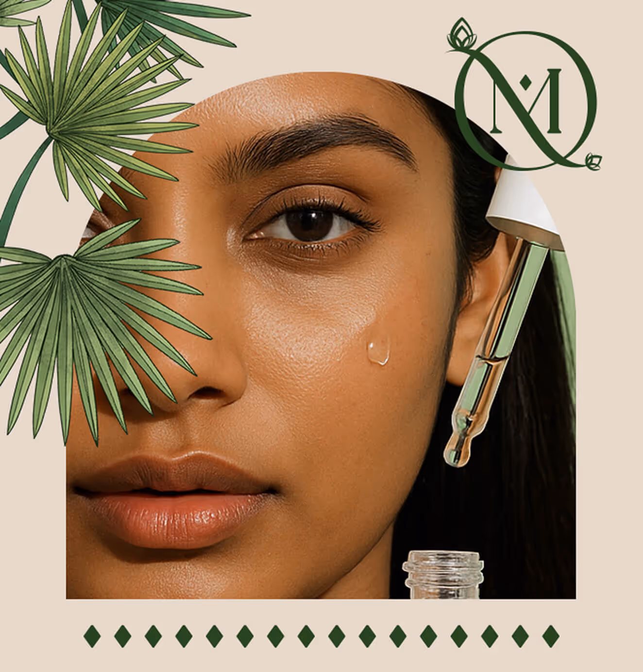 Close-up of a woman’s face with a dropper applying serum, framed by palm leaf illustrations and the OM Home monogram.