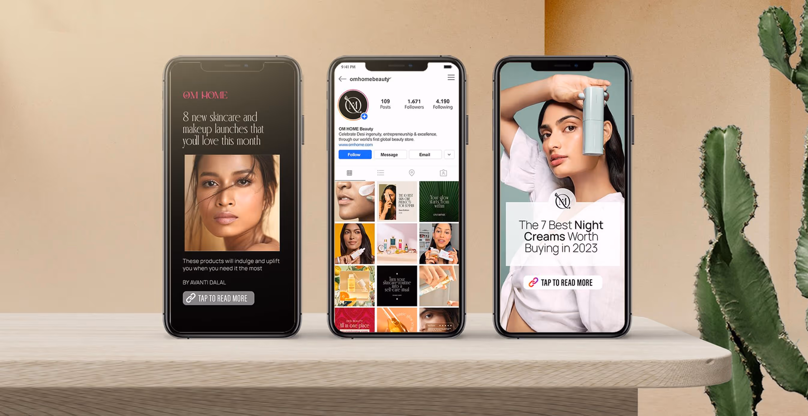Three smartphones displaying OM Home’s website, Instagram feed, and skincare editorial content, highlighting South Asian beauty branding.