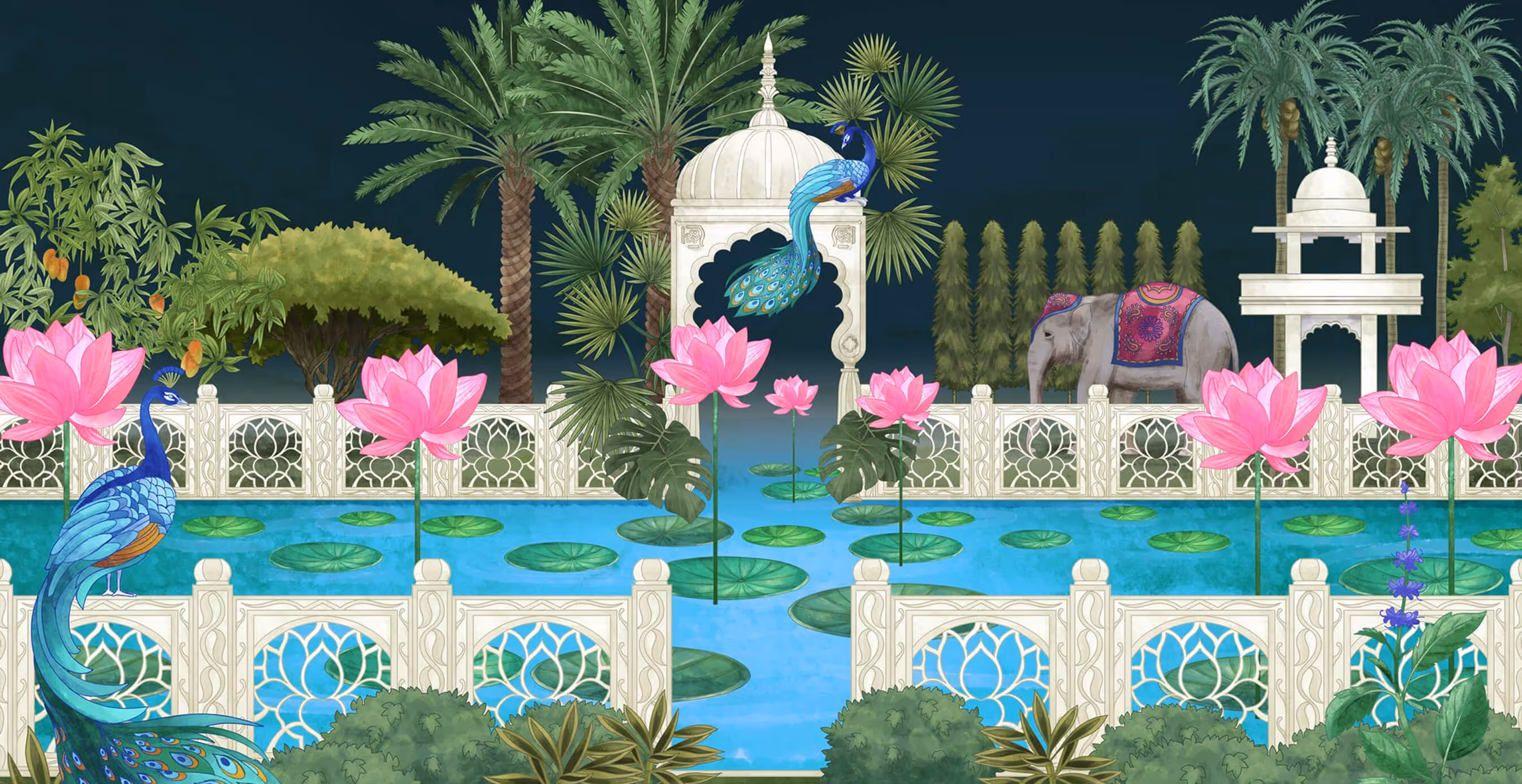 Vibrant illustrated OM Home brand scene with peacocks, lotuses, palm trees, and domed South Asian-inspired architecture around a pond.