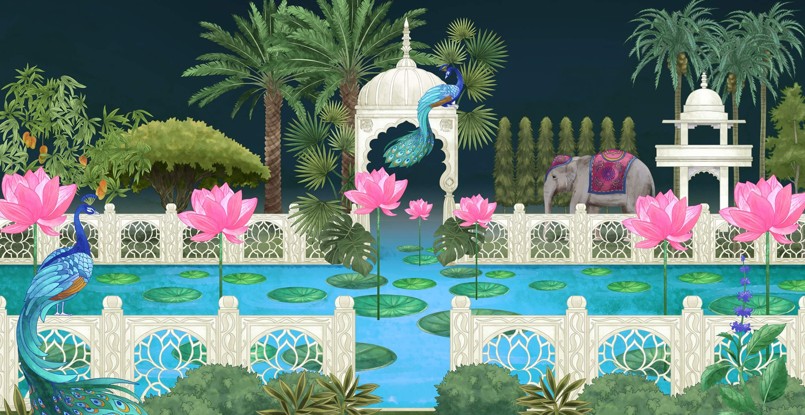 Vibrant illustrated OM Home brand scene with peacocks, lotuses, palm trees, and domed South Asian-inspired architecture around a pond.