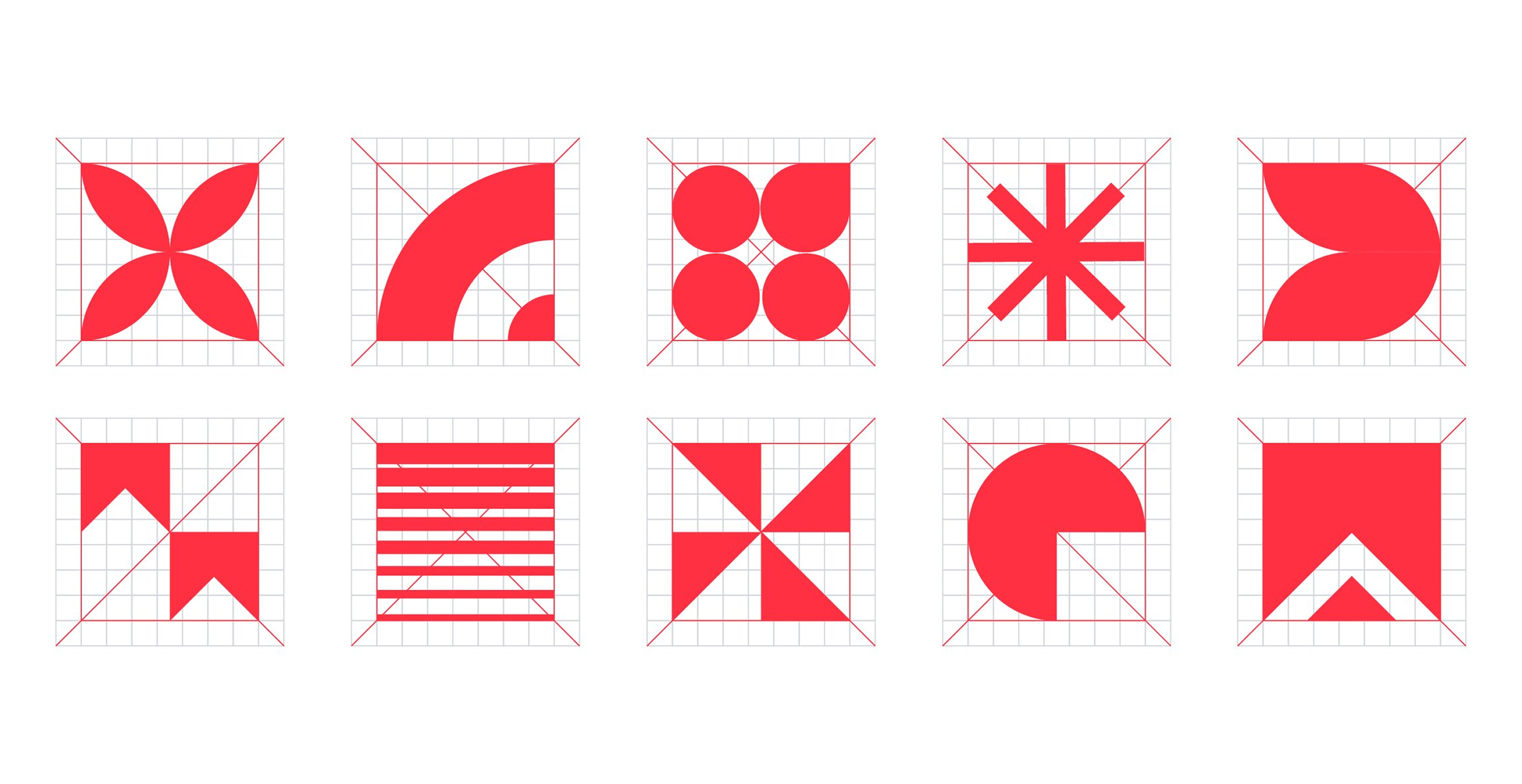 Set of 10 geometric icons in red, designed on a grid system for Fearless Grad’s brand identity.