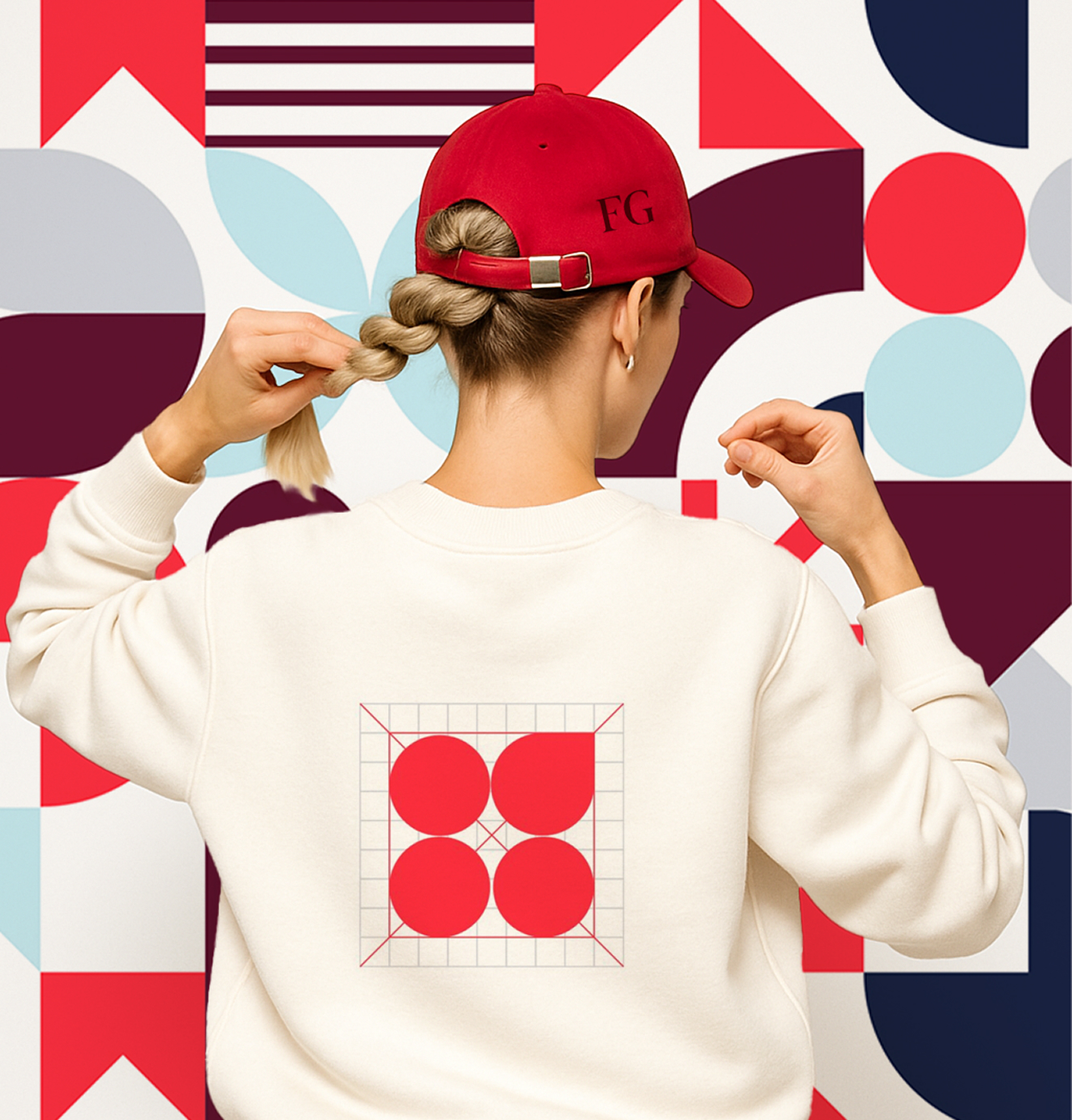 Back view of a person wearing a Fearless Grad branded sweatshirt and red cap with FG initials, standing against a geometric patterned backdrop.