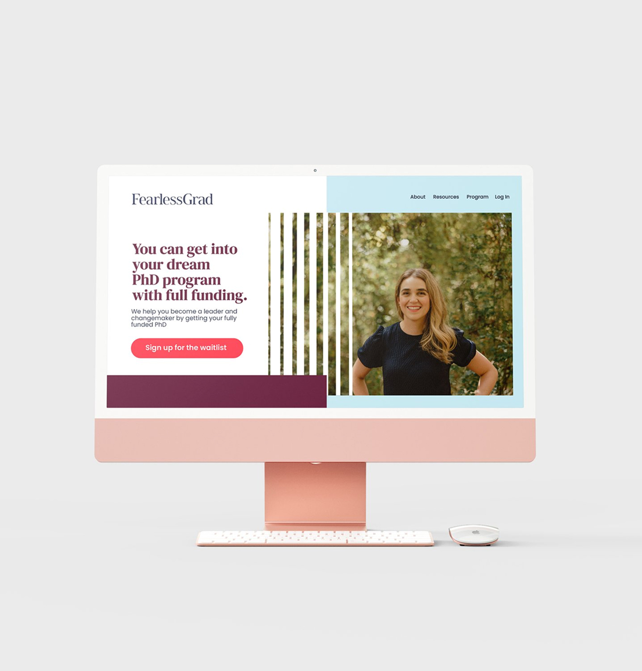 Computer screen displaying Fearless Grad’s website homepage with call-to-action “Sign up for the waitlist” and a photo of a smiling student.