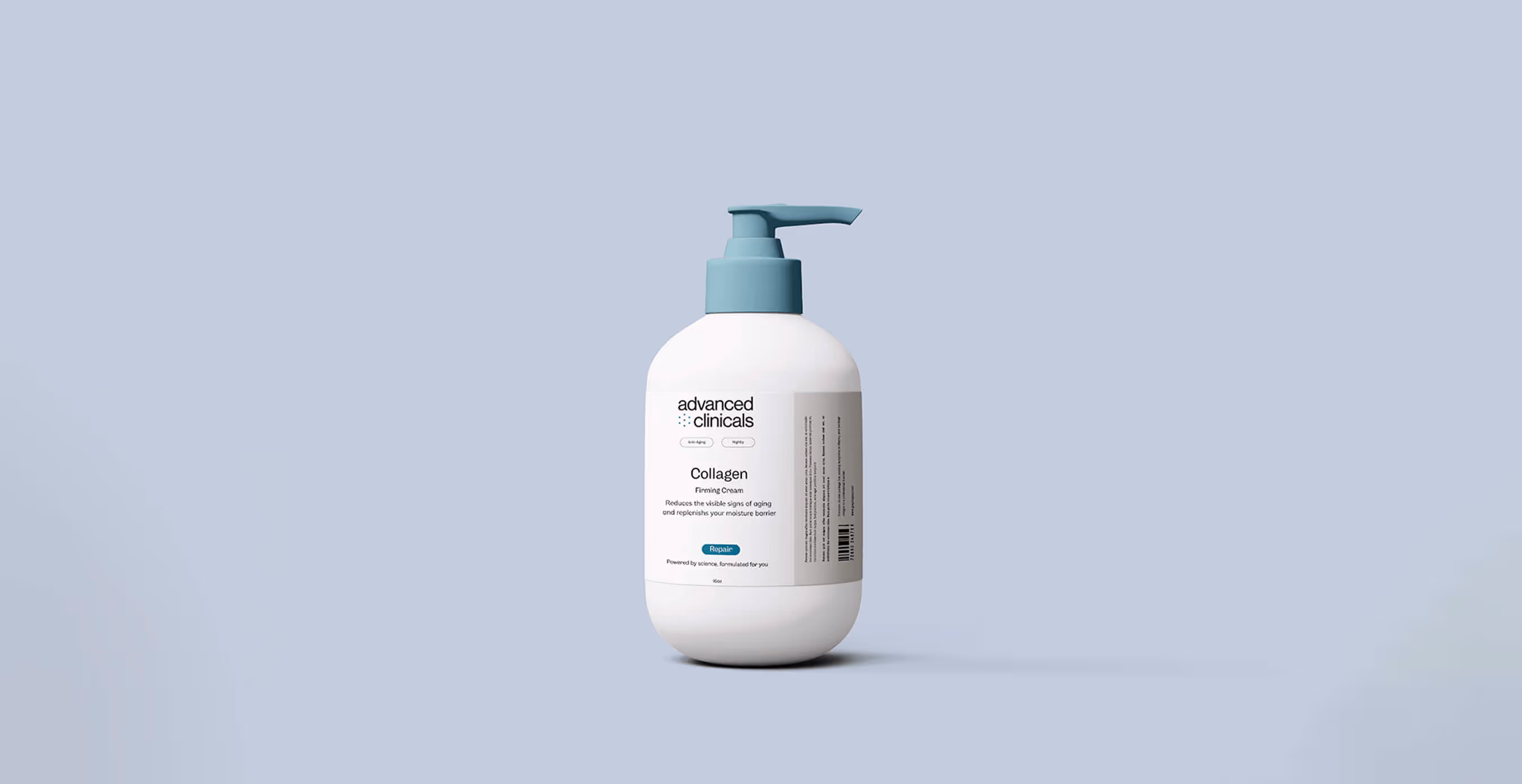 Minimalist banner design reading “Powered by science, formulated for you” with a serum droplet and hexagon icons in the center.Minimalist product photo of Advanced Clinicals Collagen Firming Cream in a white pump bottle with teal cap, set against a soft li