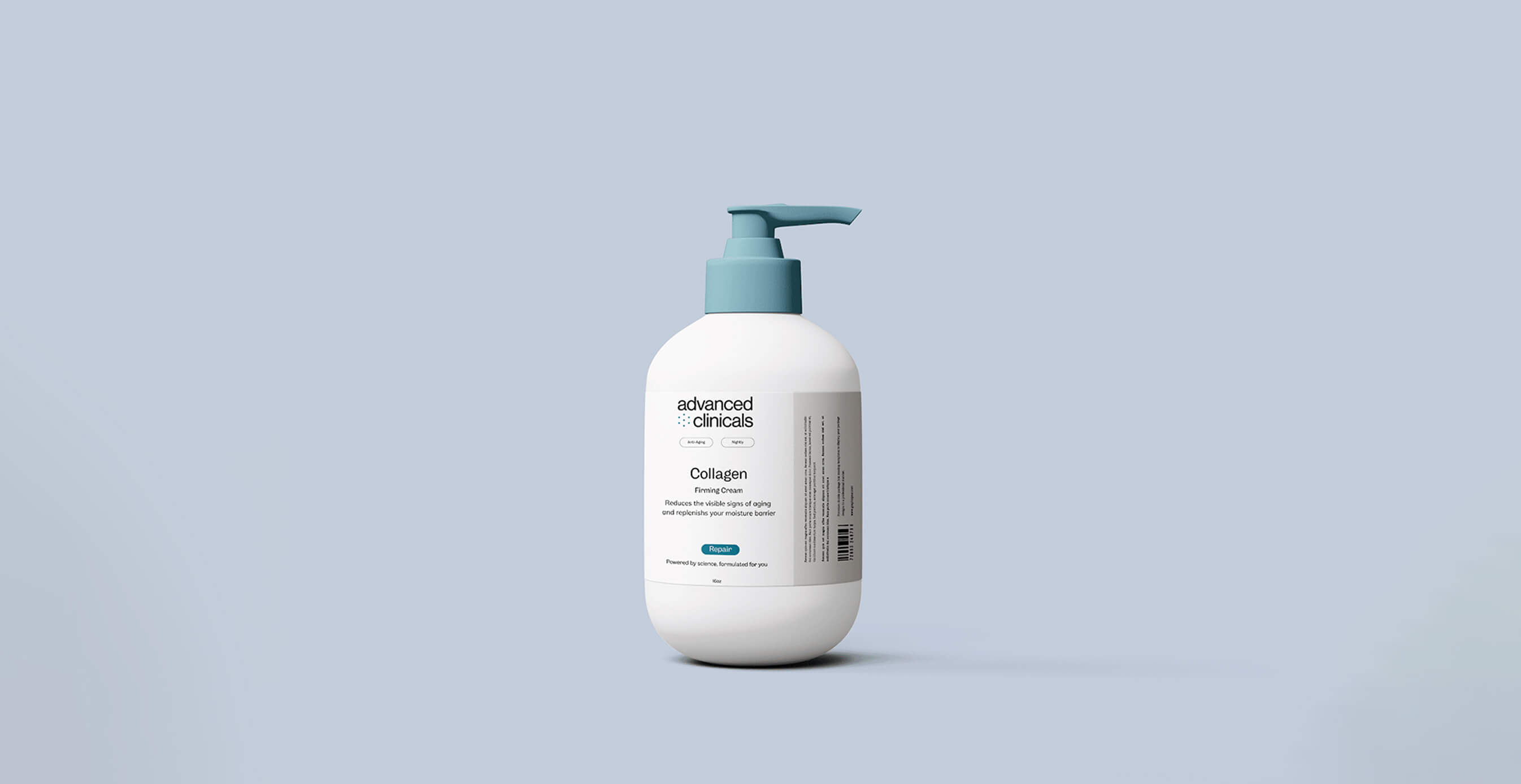 Minimalist banner design reading “Powered by science, formulated for you” with a serum droplet and hexagon icons in the center.Minimalist product photo of Advanced Clinicals Collagen Firming Cream in a white pump bottle with teal cap, set against a soft li