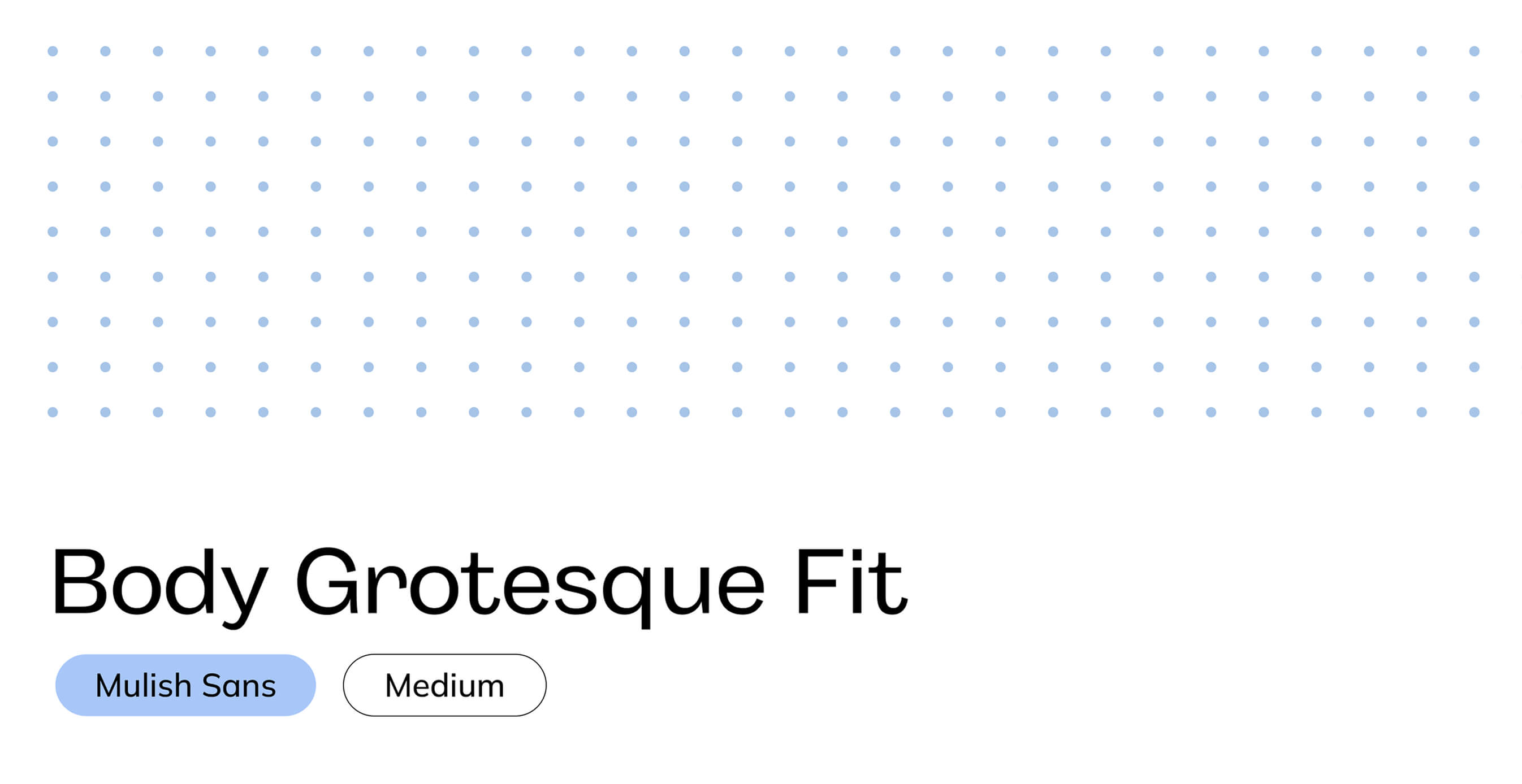 Typography detail showing “Body Grotesque Fit” in Mulish Sans font, overlaid with a grid of light blue dots on white background.