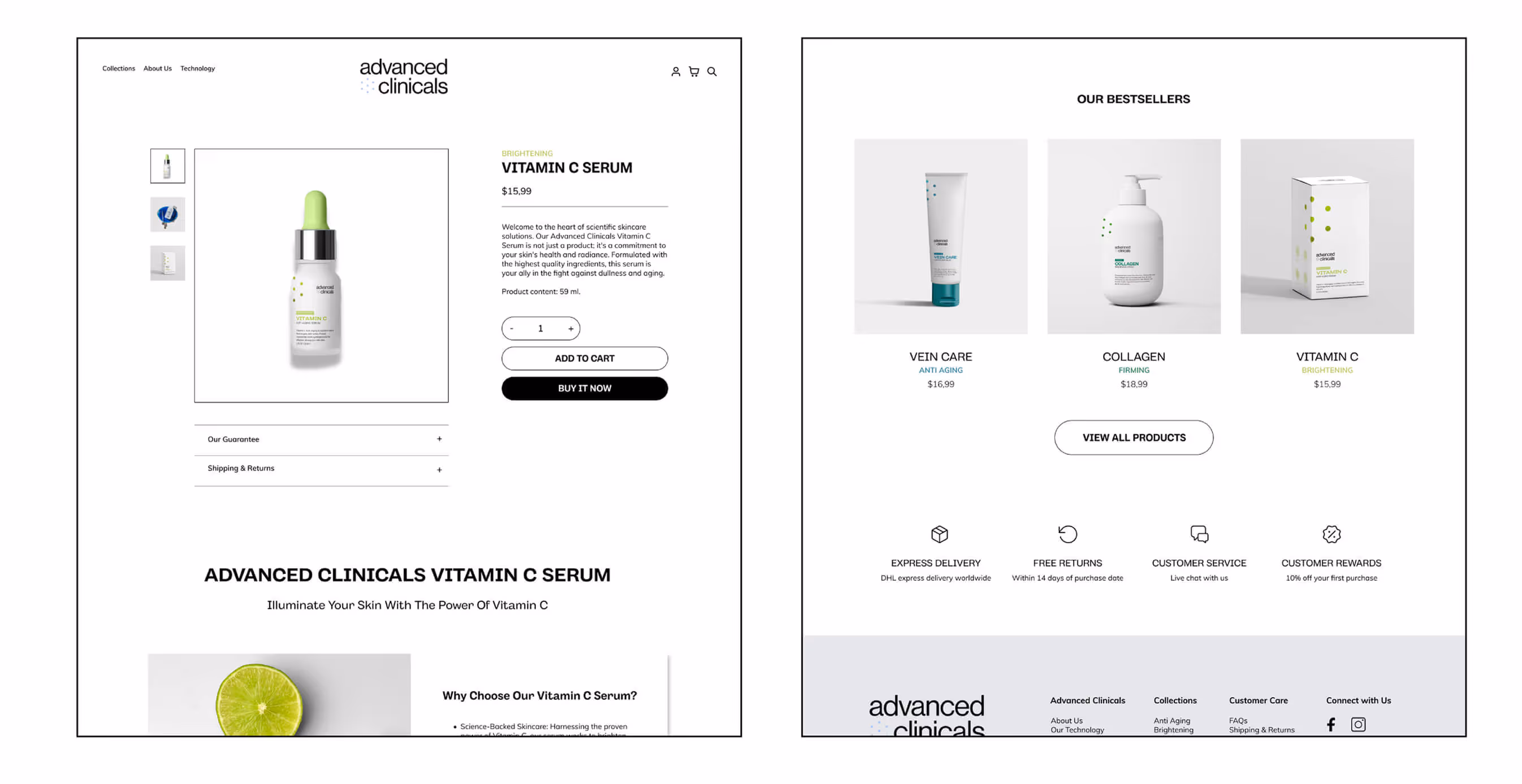 E-commerce mockup of Advanced Clinicals website featuring Vitamin C serum, collagen, and vein care products with clean, minimalist layout.