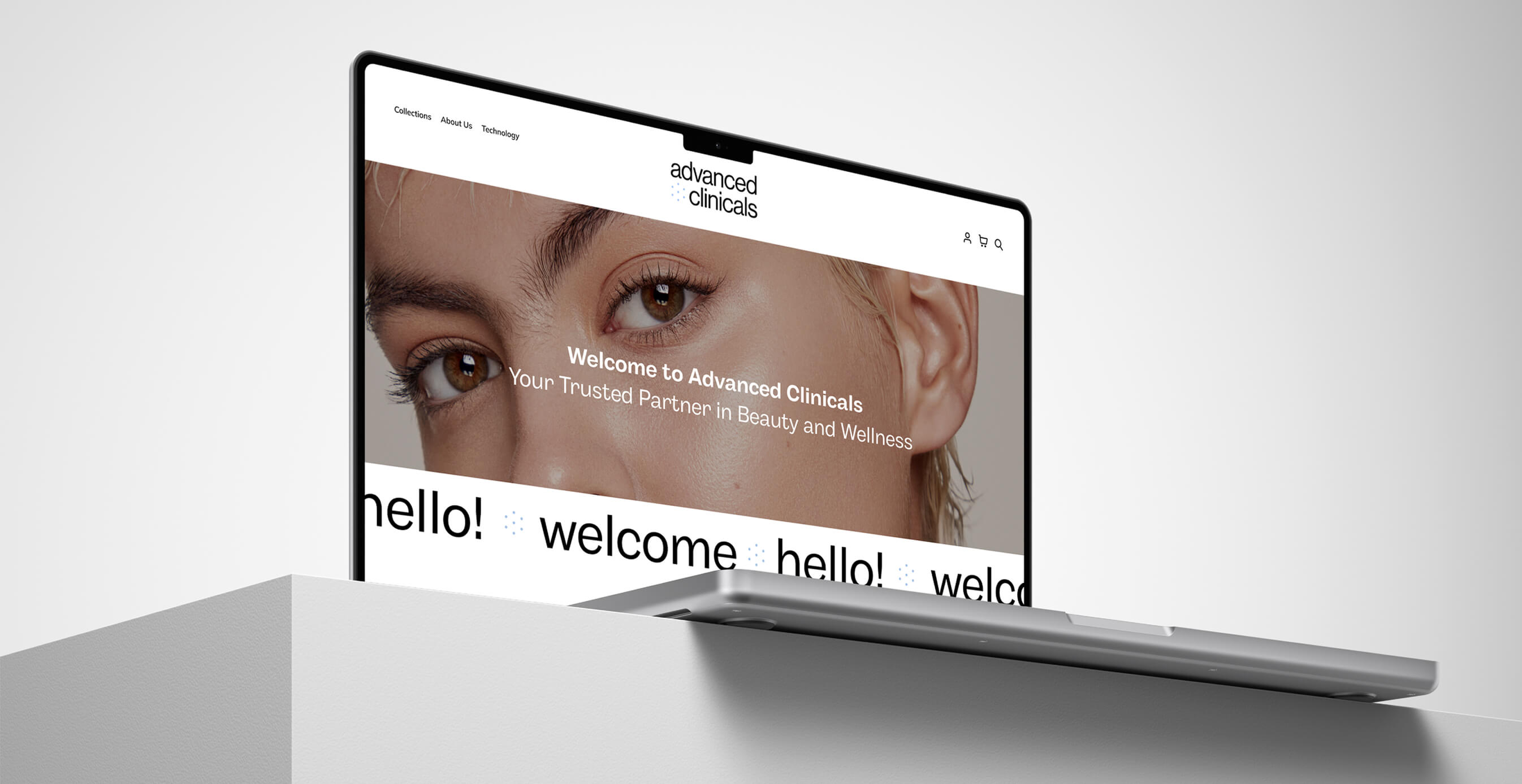 Laptop mockup displaying Advanced Clinicals homepage featuring close-up of a woman’s eyes and the tagline “Your Trusted Partner in Beauty and Wellness.”