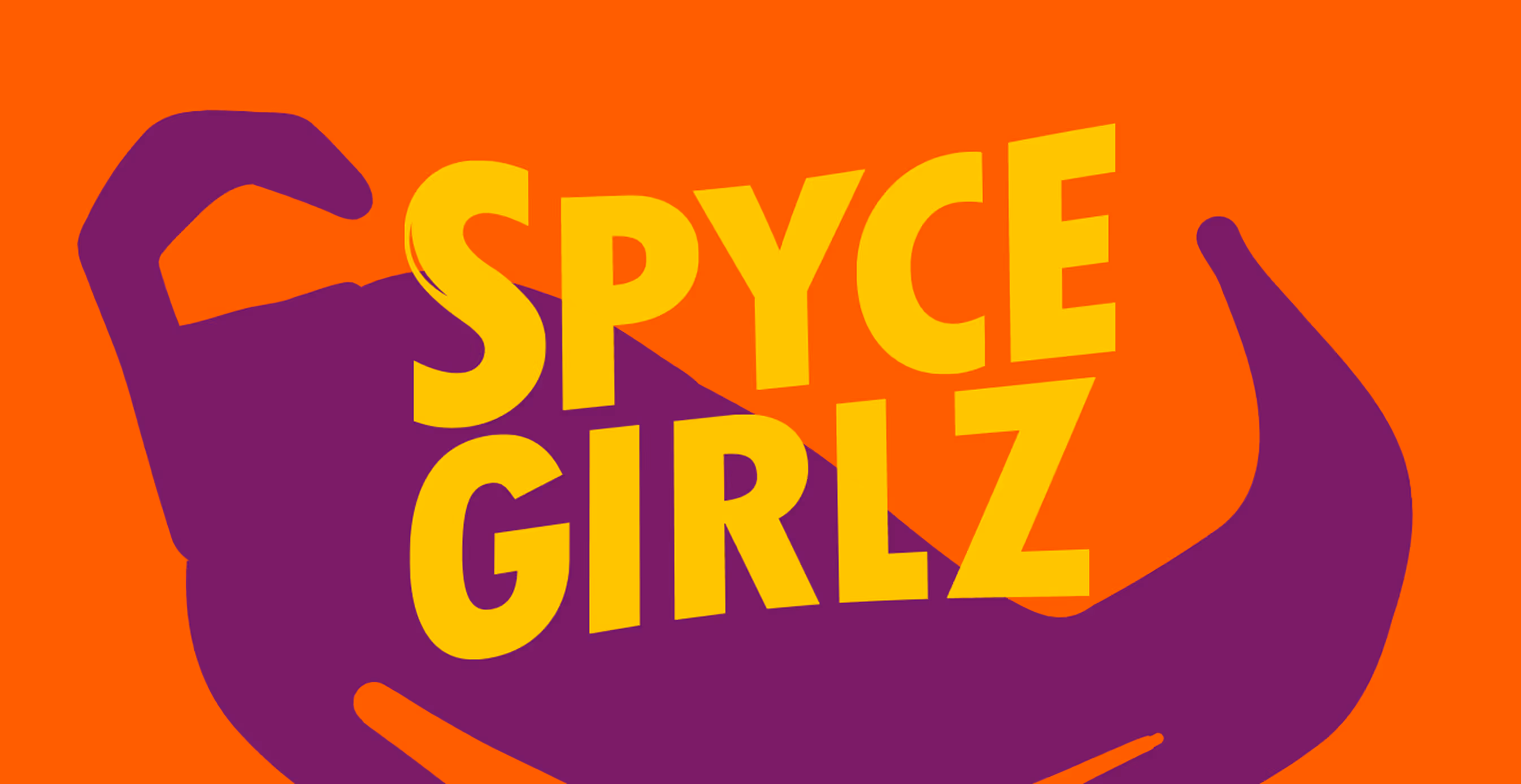 Bold yellow text reading “SPYCE GIRLZ” is set against a vibrant orange background with a large purple scorpion silhouette.
