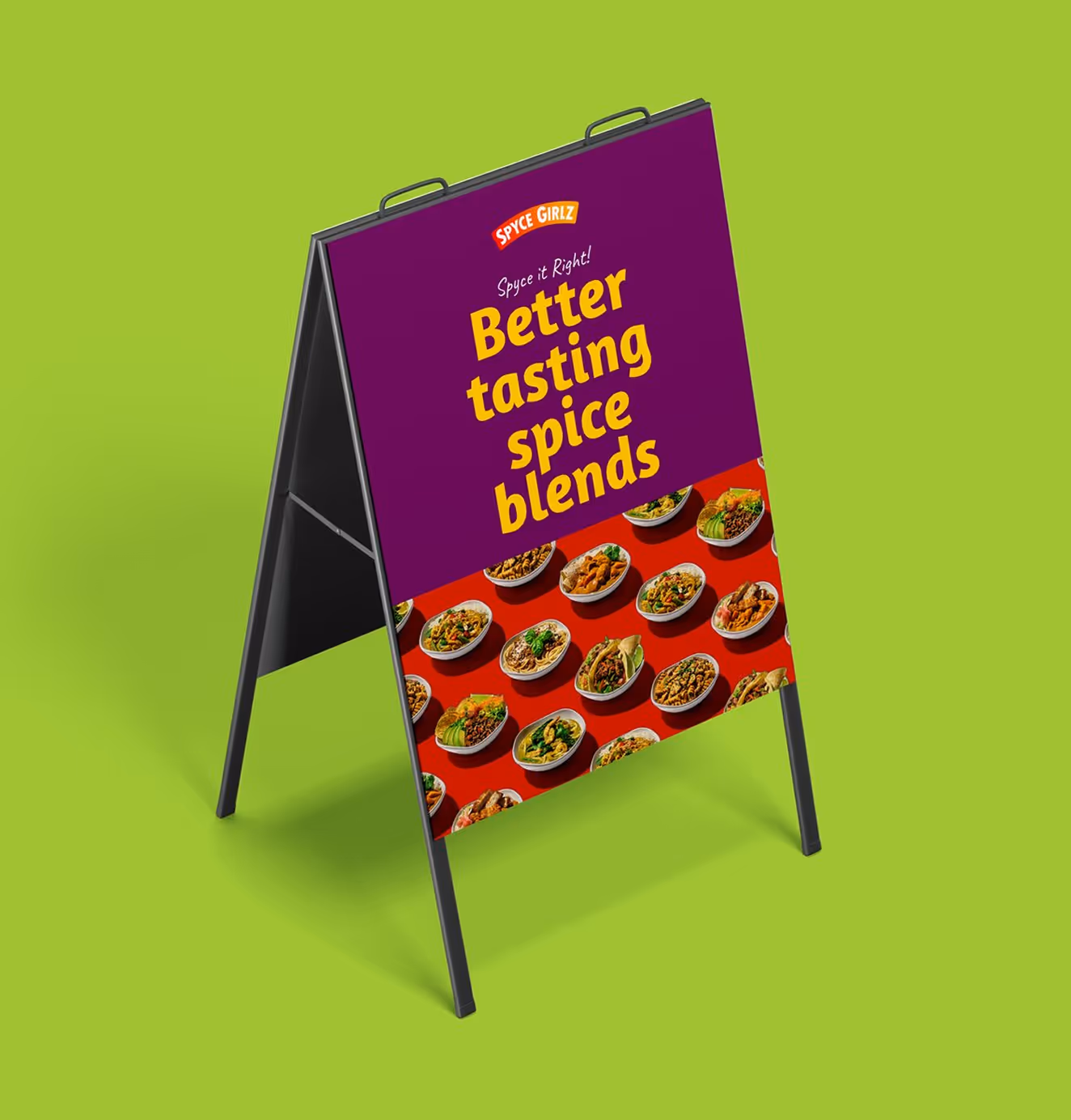 A-frame sign with Spyce Girlz branding reading “Better tasting spice blends” in bold yellow text on purple, with bowls of food against a red background.