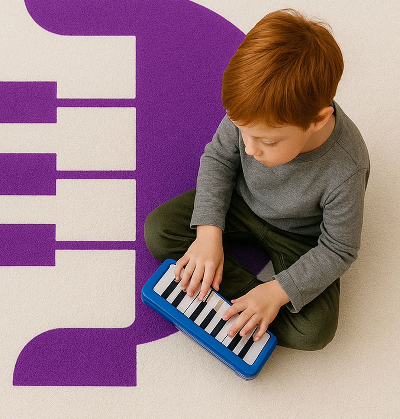 Young boy with red hair playing a small blue toy keyboard, seated on a cream rug with a large purple Pianu logo.