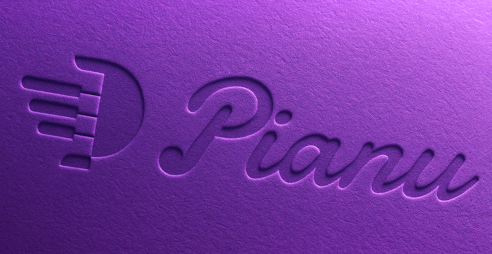 Close-up of the Pianu logo embossed on a purple textured surface, featuring a piano key-inspired icon and cursive wordmark.