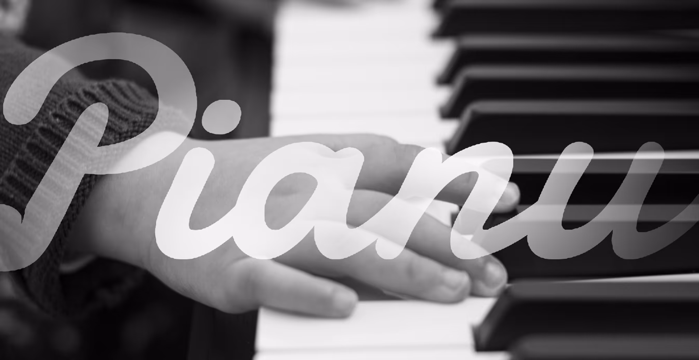Black-and-white photo of a child’s hand pressing piano keys, overlaid with the Pianu logo in bold script.