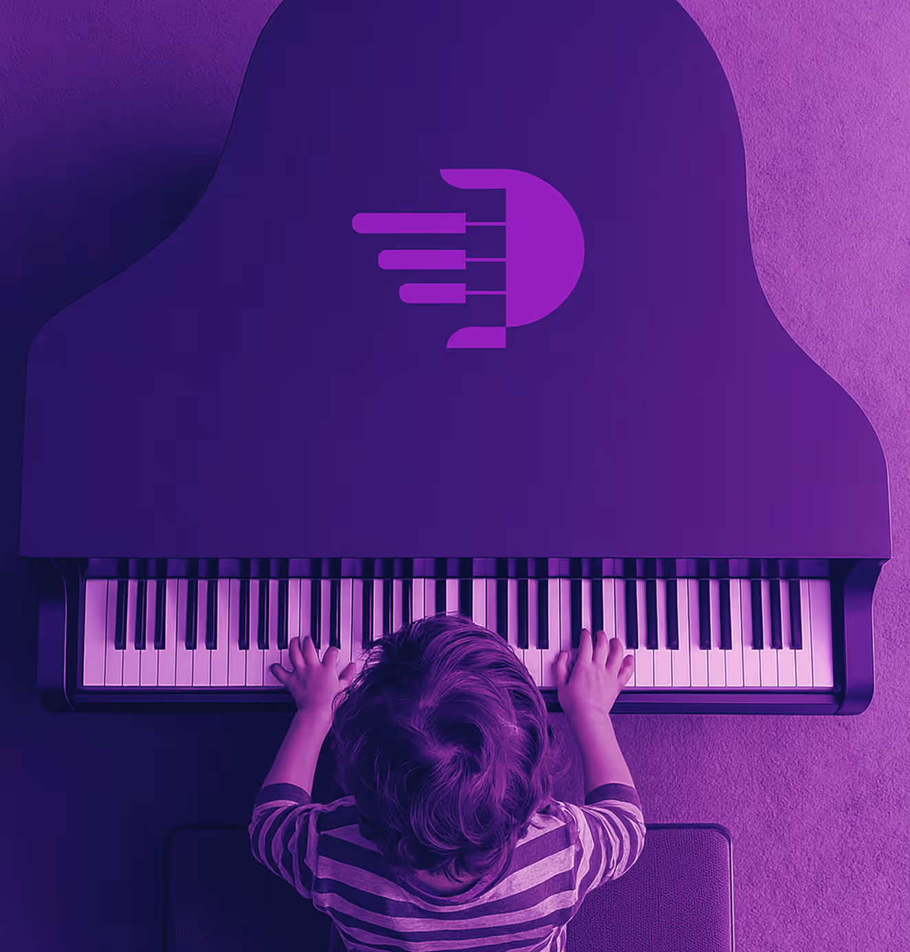 Overhead view of a young child playing a grand piano, colored in purple with the Pianu logo displayed on the piano lid.